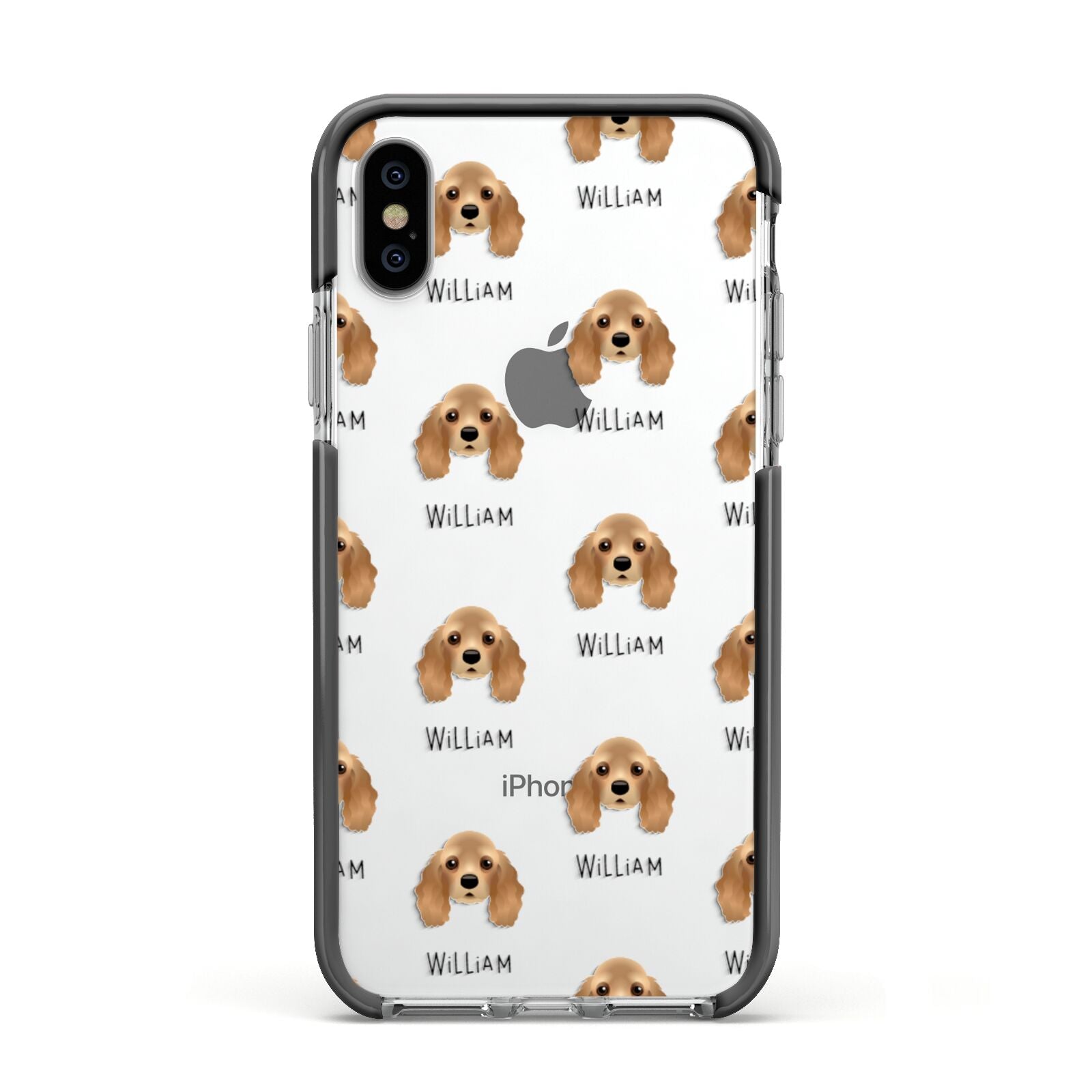 American Cocker Spaniel Icon with Name Apple iPhone Xs Impact Case Black Edge on Silver Phone