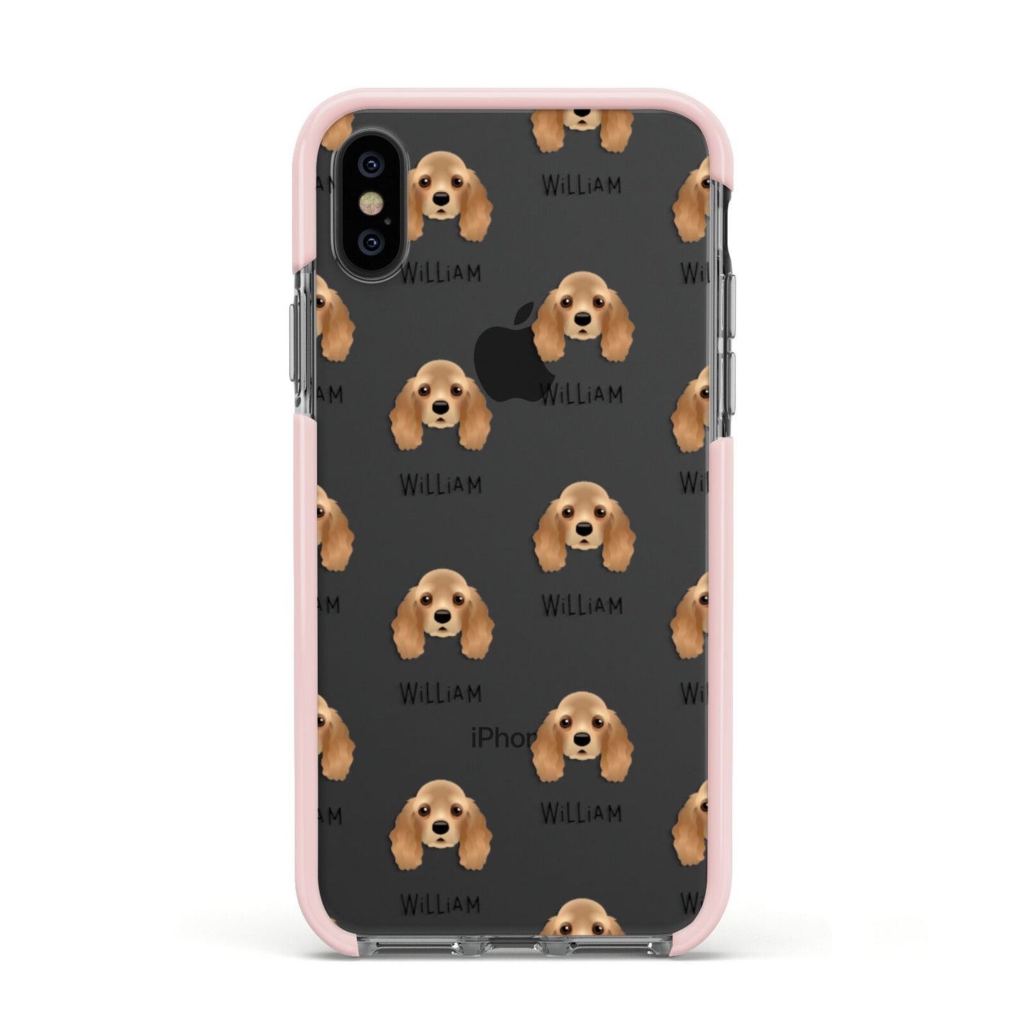 American Cocker Spaniel Icon with Name Apple iPhone Xs Impact Case Pink Edge on Black Phone