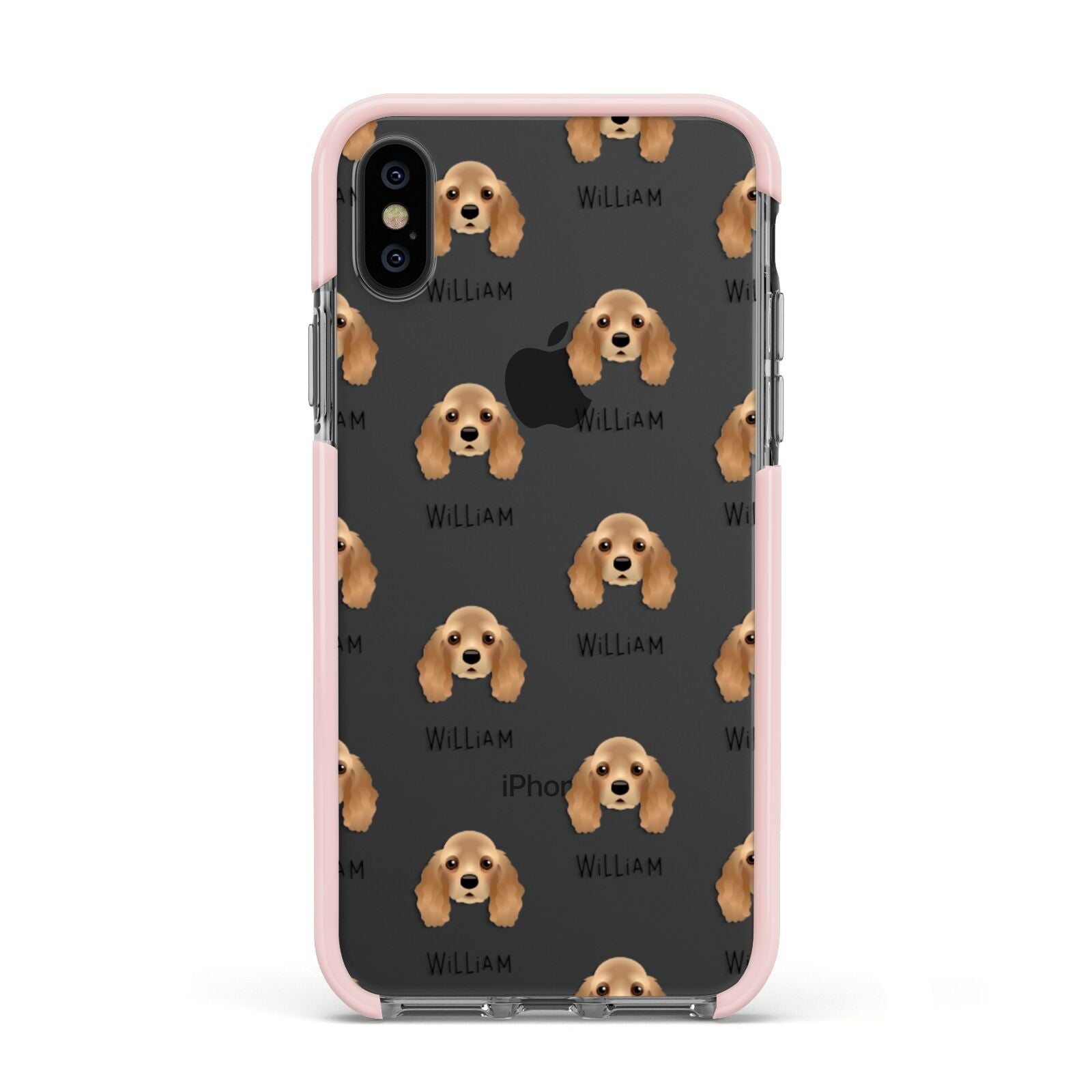 American Cocker Spaniel Icon with Name Apple iPhone Xs Impact Case Pink Edge on Black Phone