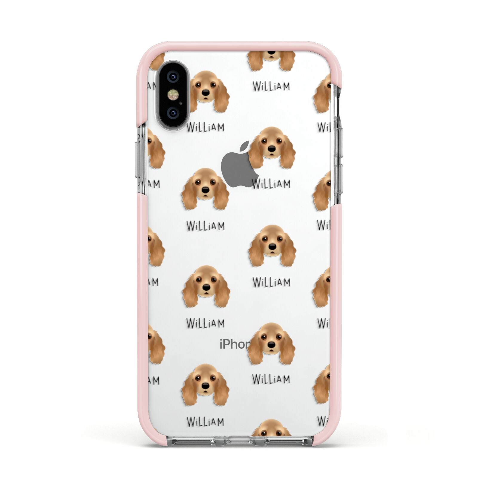 American Cocker Spaniel Icon with Name Apple iPhone Xs Impact Case Pink Edge on Silver Phone