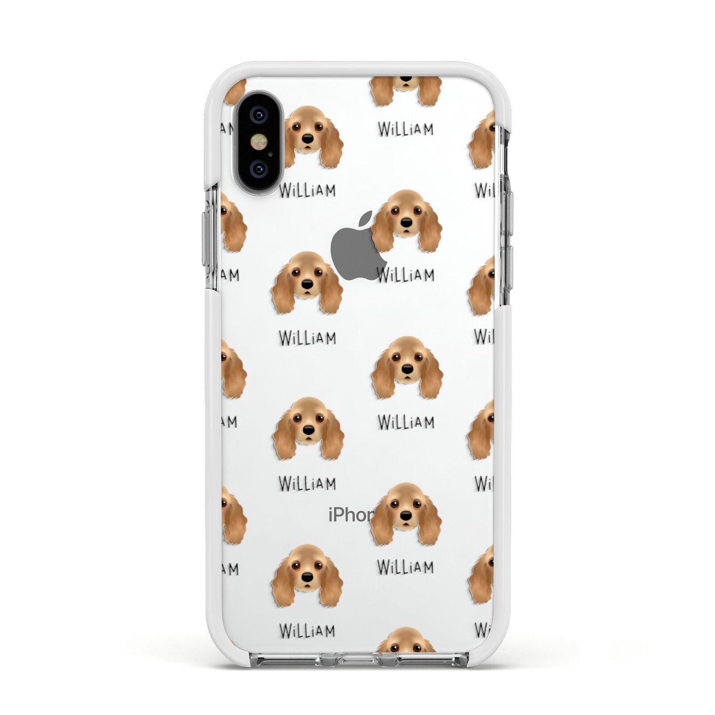 American Cocker Spaniel Icon with Name Apple iPhone Xs Impact Case White Edge on Silver Phone