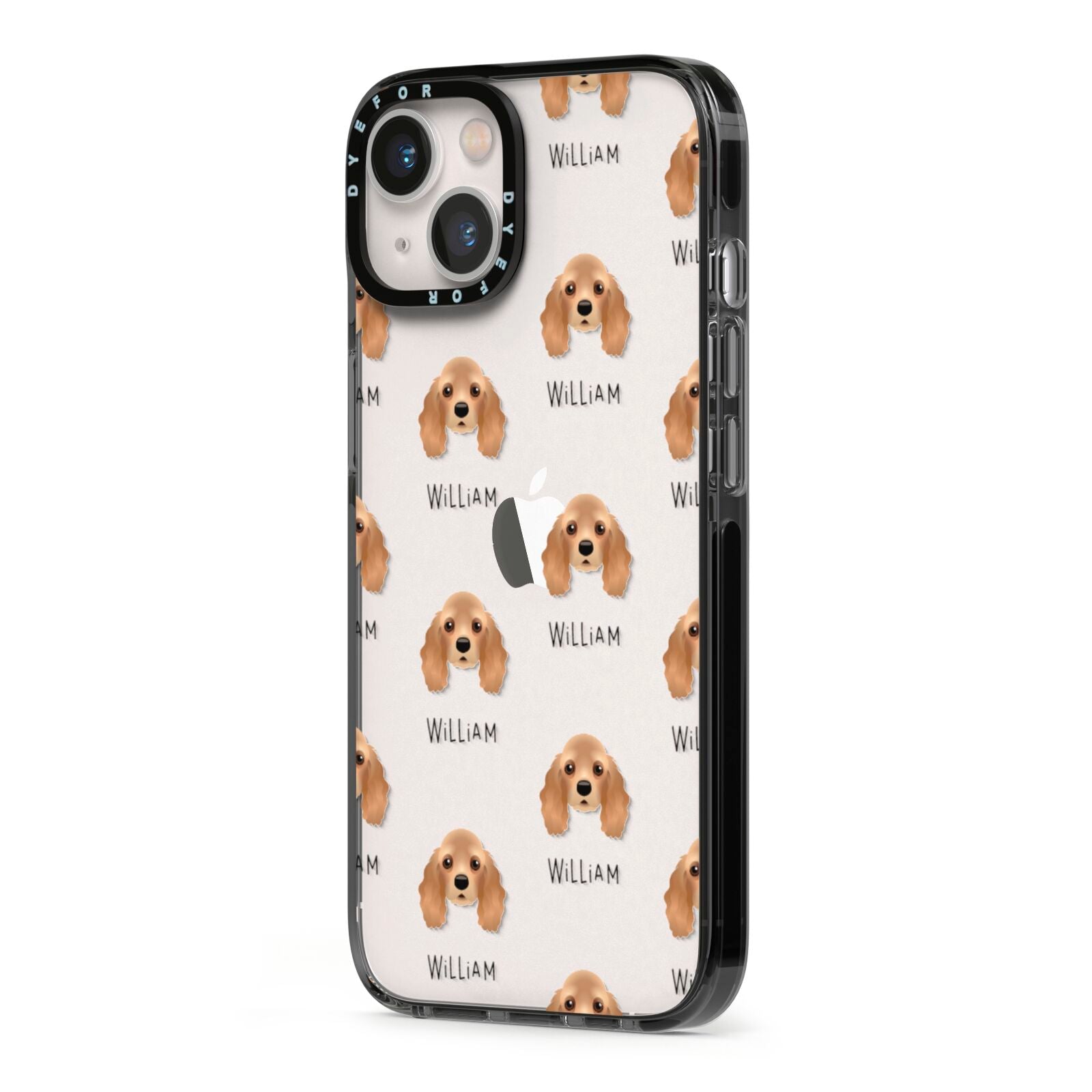 American Cocker Spaniel Icon with Name iPhone 13 Black Impact Case Side Angle on Silver phone
