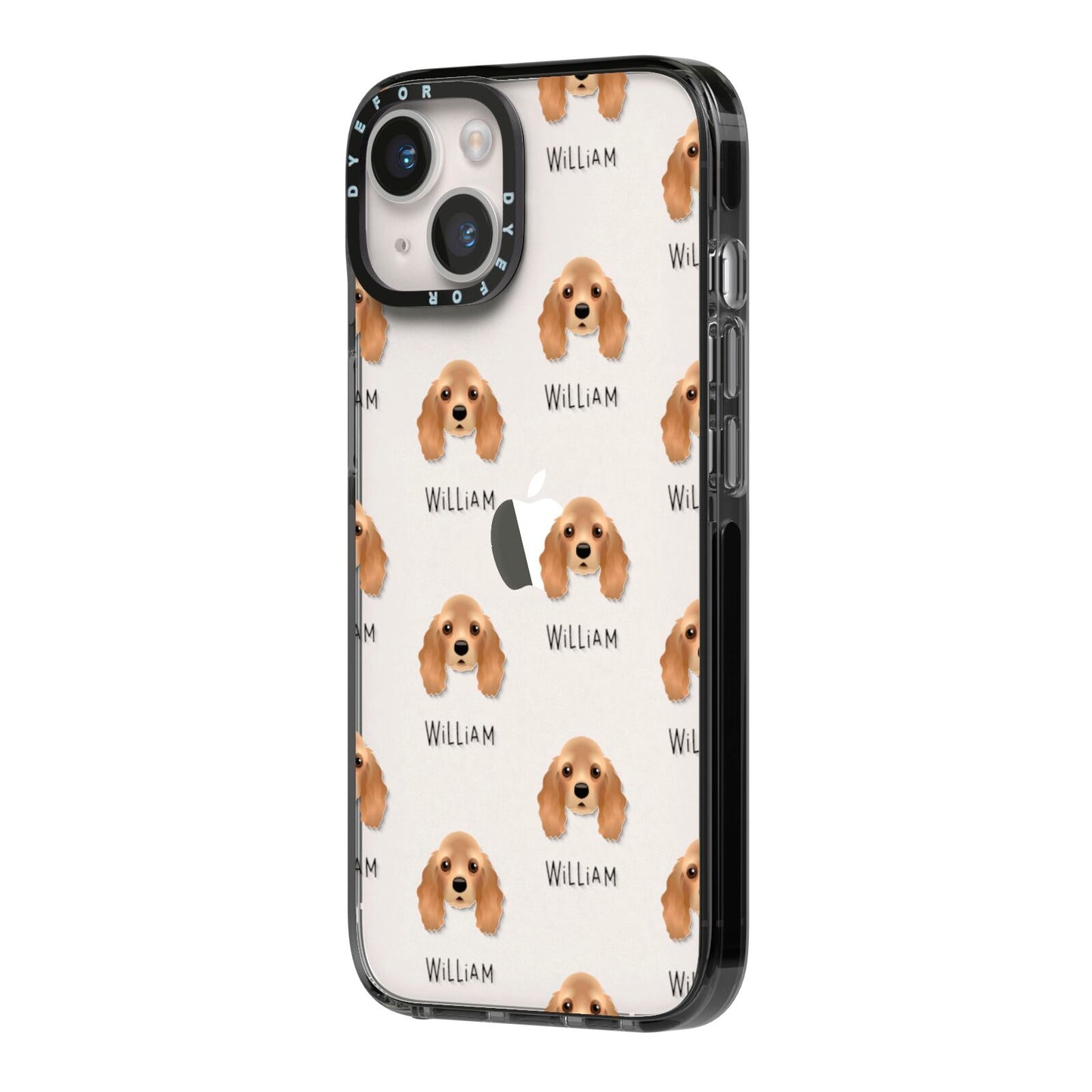 American Cocker Spaniel Icon with Name iPhone 14 Black Impact Case Side Angle on Silver phone