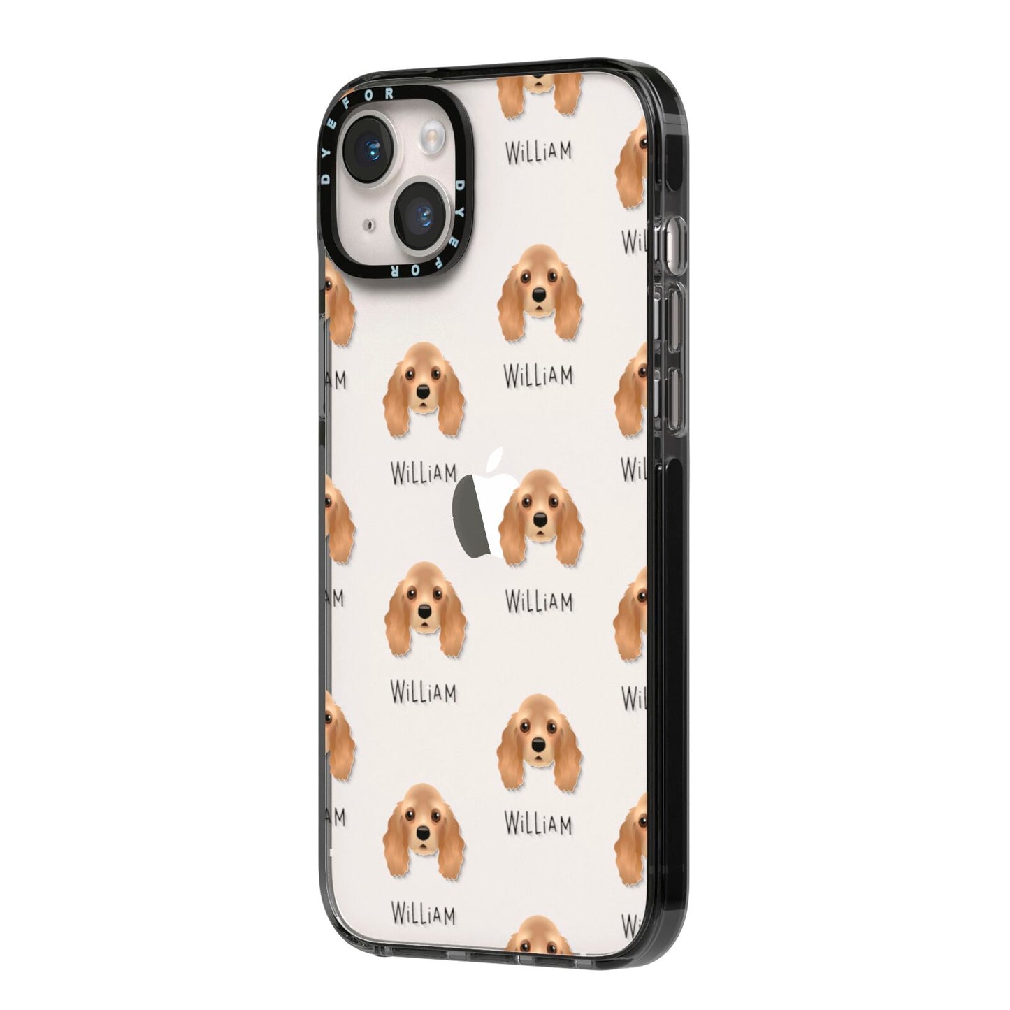 American Cocker Spaniel Icon with Name iPhone 14 Plus Black Impact Case Side Angle on Silver phone