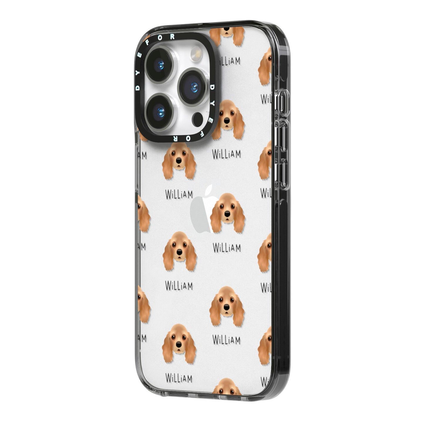 American Cocker Spaniel Icon with Name iPhone 14 Pro Black Impact Case Side Angle on Silver phone
