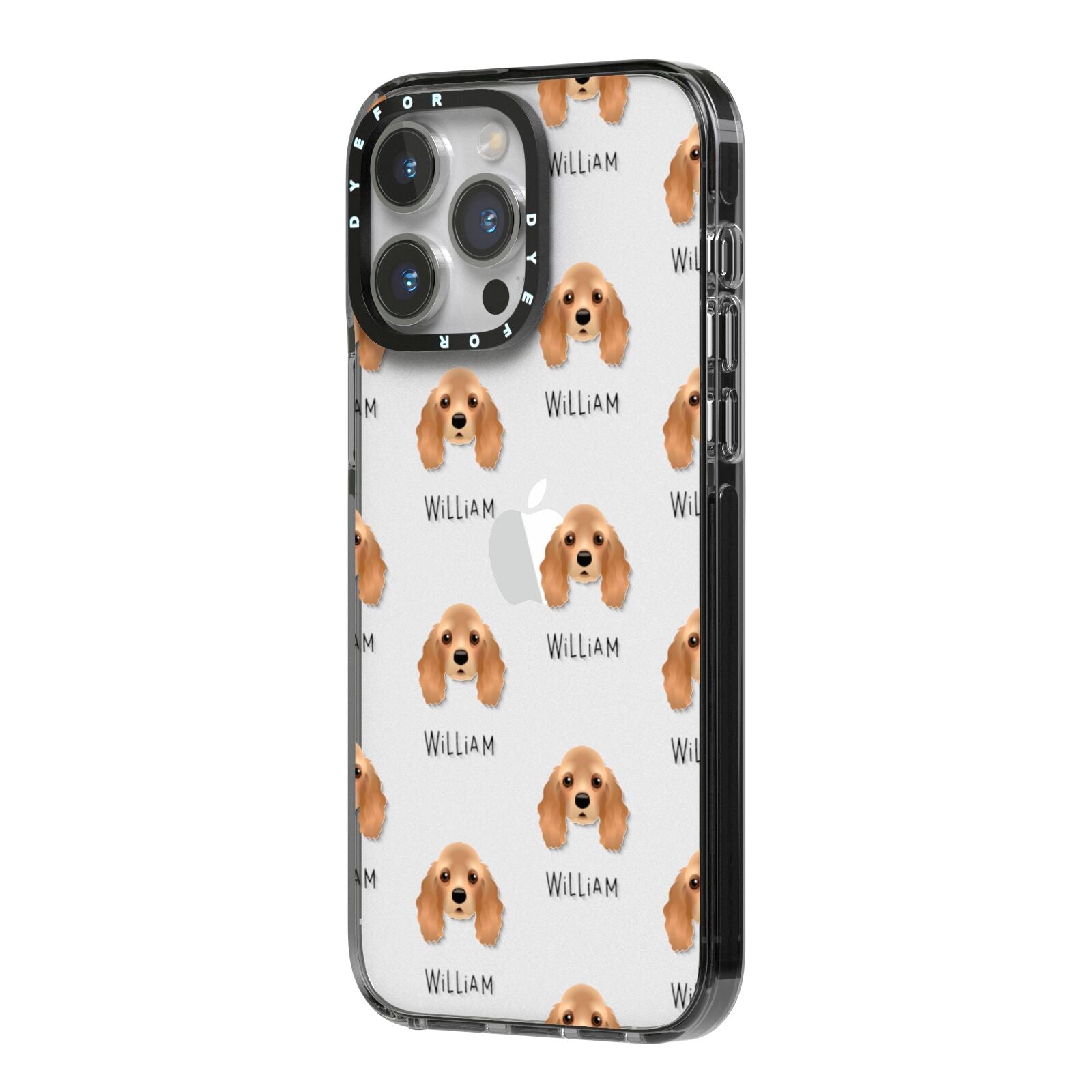 American Cocker Spaniel Icon with Name iPhone 14 Pro Max Black Impact Case Side Angle on Silver phone