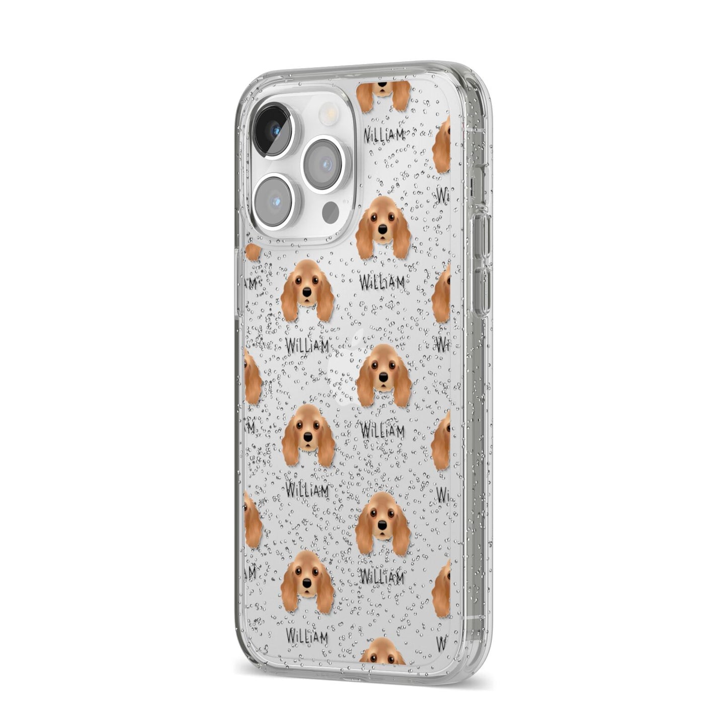 American Cocker Spaniel Icon with Name iPhone 14 Pro Max Glitter Tough Case Silver Angled Image