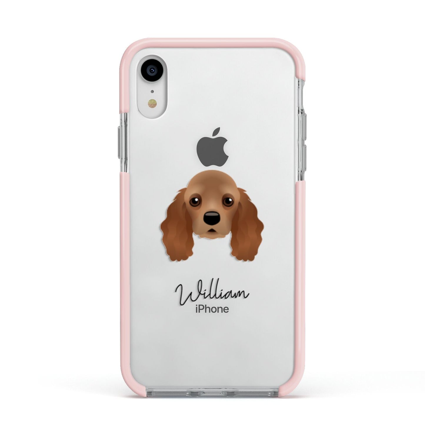 American Cocker Spaniel Personalised Apple iPhone XR Impact Case Pink Edge on Silver Phone