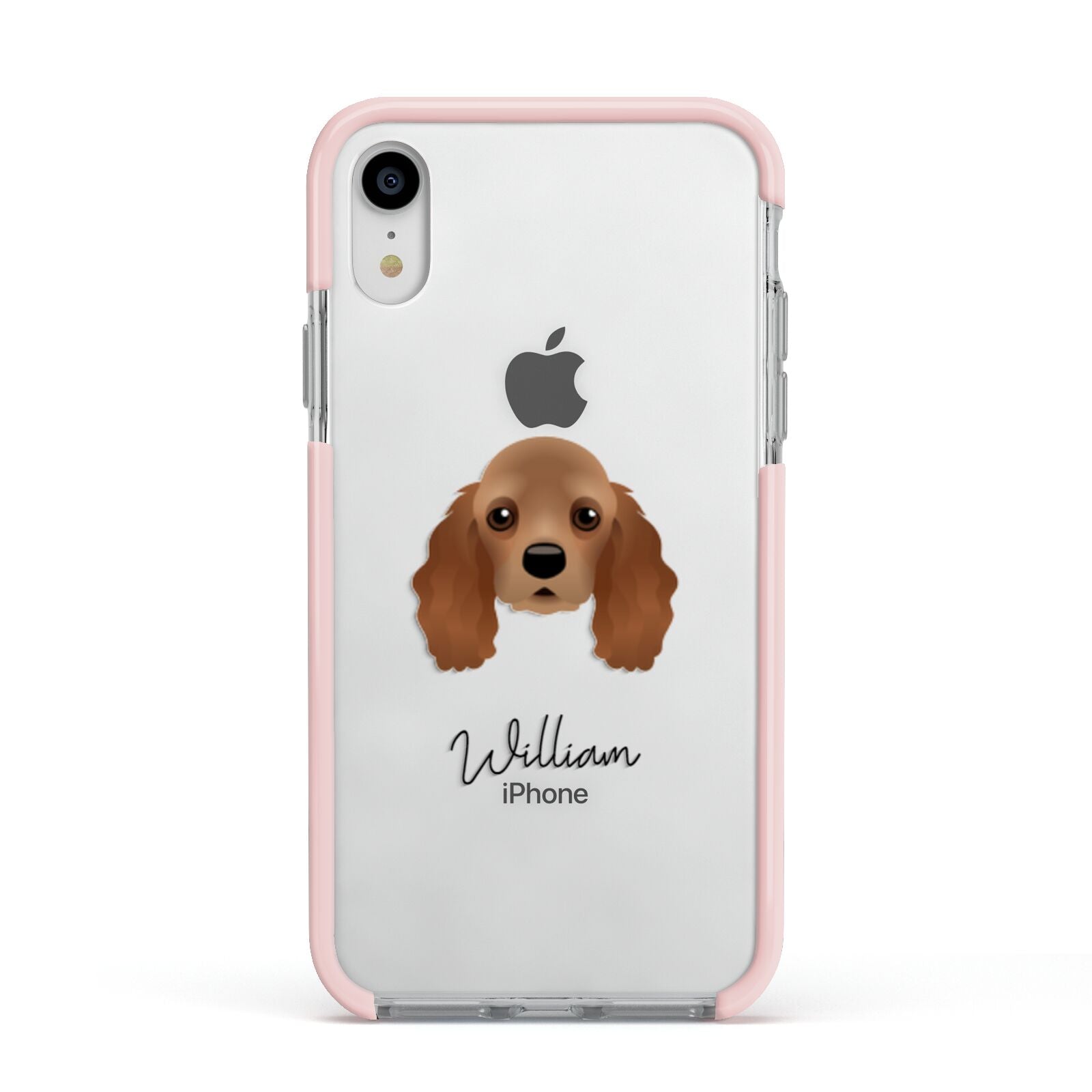 American Cocker Spaniel Personalised Apple iPhone XR Impact Case Pink Edge on Silver Phone