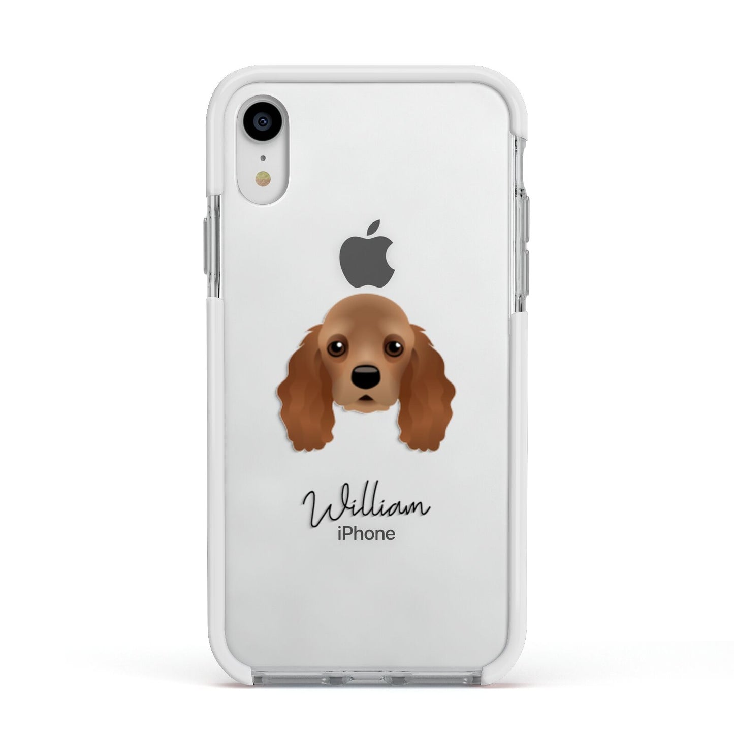 American Cocker Spaniel Personalised Apple iPhone XR Impact Case White Edge on Silver Phone