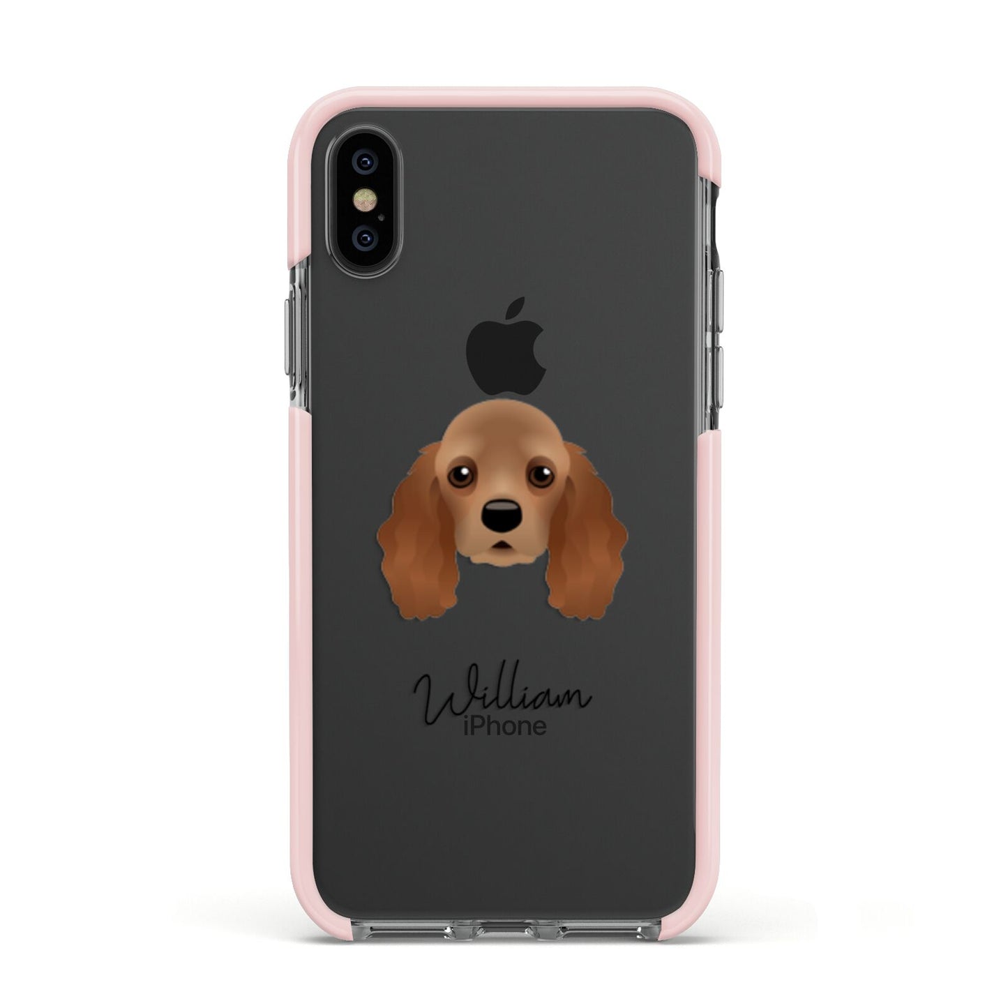American Cocker Spaniel Personalised Apple iPhone Xs Impact Case Pink Edge on Black Phone