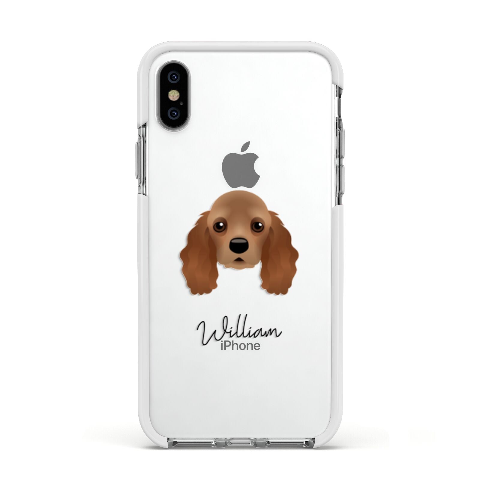 American Cocker Spaniel Personalised Apple iPhone Xs Impact Case White Edge on Silver Phone