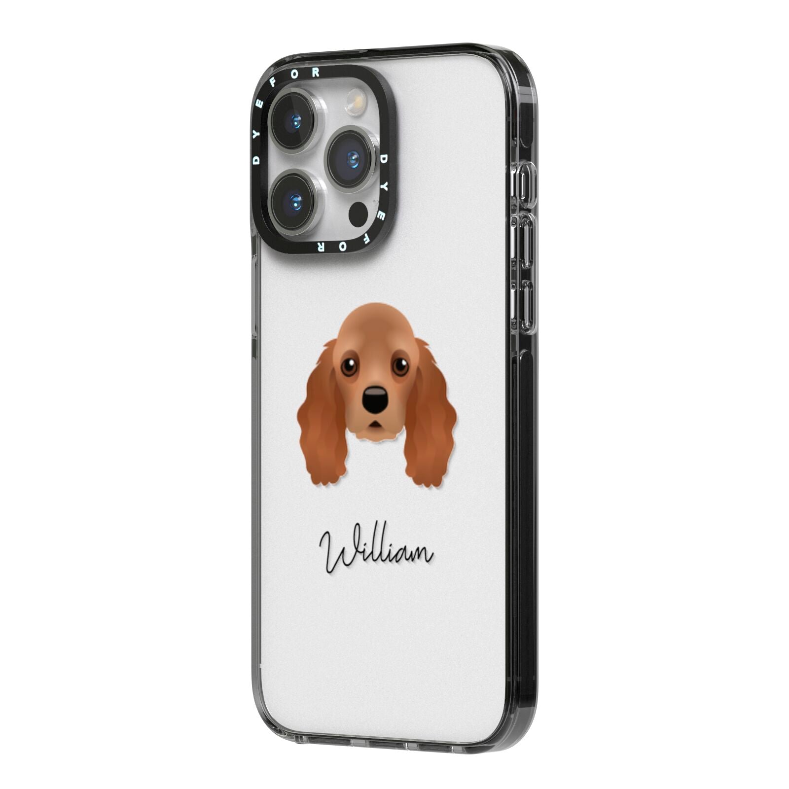 American Cocker Spaniel Personalised iPhone 14 Pro Max Black Impact Case Side Angle on Silver phone
