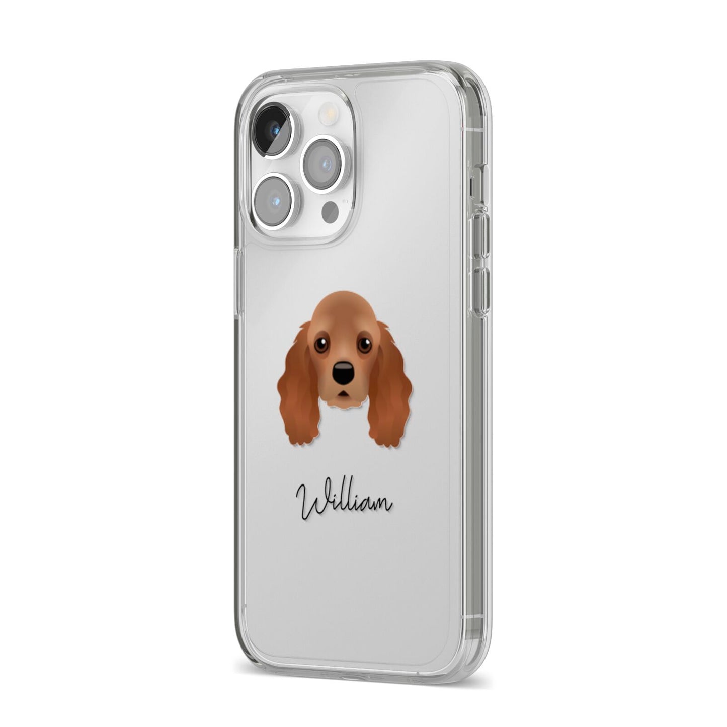 American Cocker Spaniel Personalised iPhone 14 Pro Max Clear Tough Case Silver Angled Image