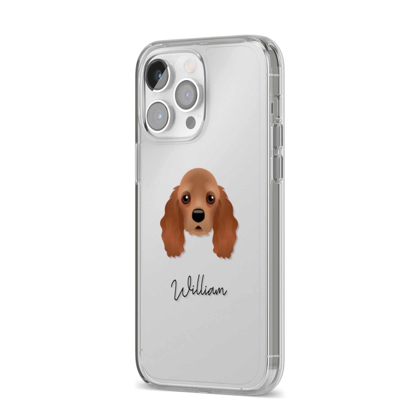 American Cocker Spaniel Personalised iPhone 14 Pro Max Clear Tough Case Silver Angled Image