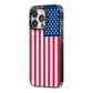 American Flag iPhone 13 Pro Black Impact Case Side Angle on Silver phone