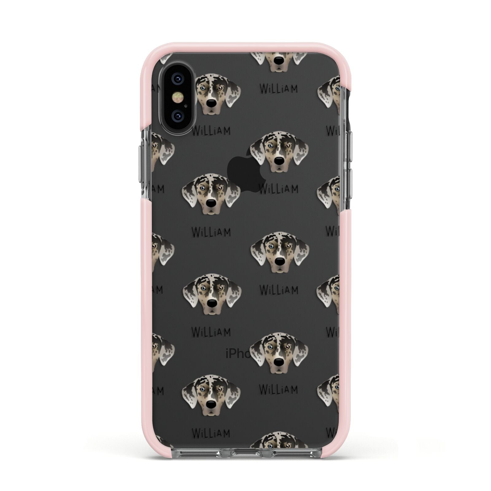 American Leopard Hound Icon with Name Apple iPhone Xs Impact Case Pink Edge on Black Phone