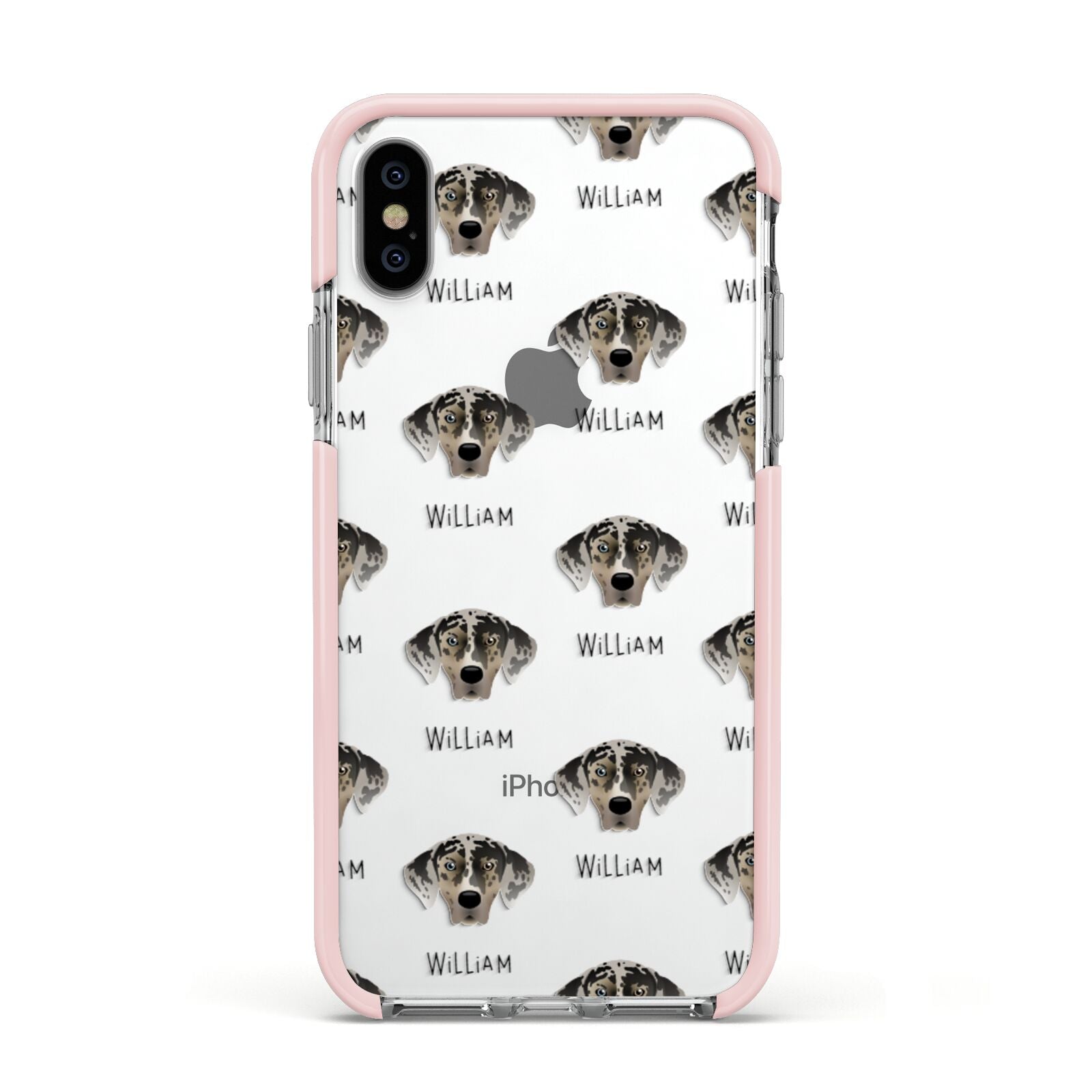 American Leopard Hound Icon with Name Apple iPhone Xs Impact Case Pink Edge on Silver Phone