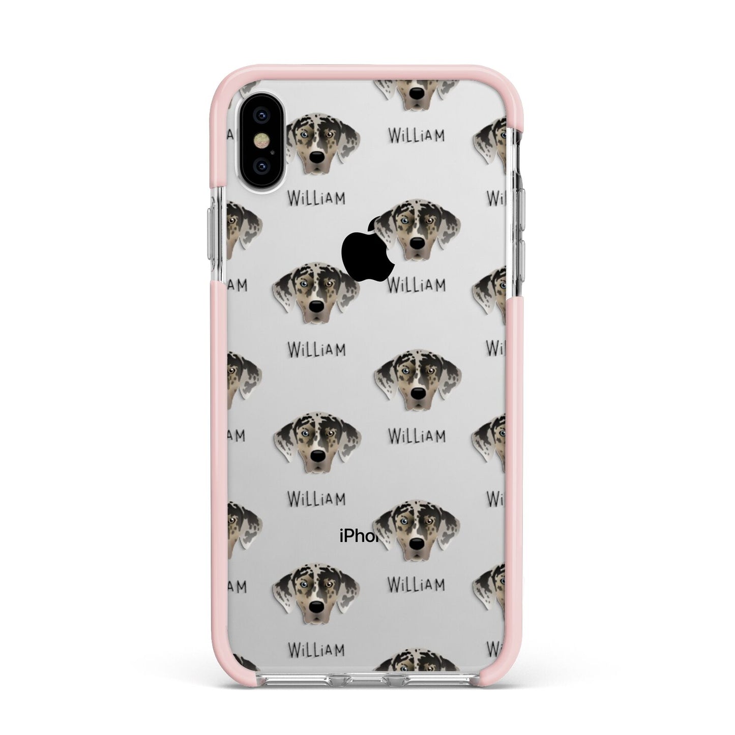 American Leopard Hound Icon with Name Apple iPhone Xs Max Impact Case Pink Edge on Silver Phone