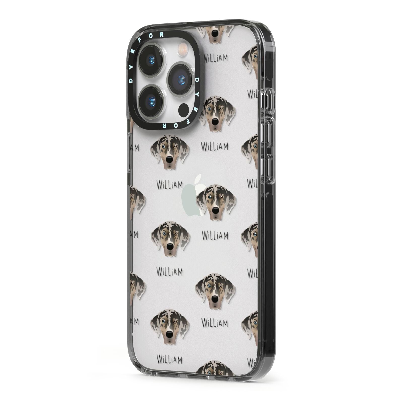 American Leopard Hound Icon with Name iPhone 13 Pro Black Impact Case Side Angle on Silver phone