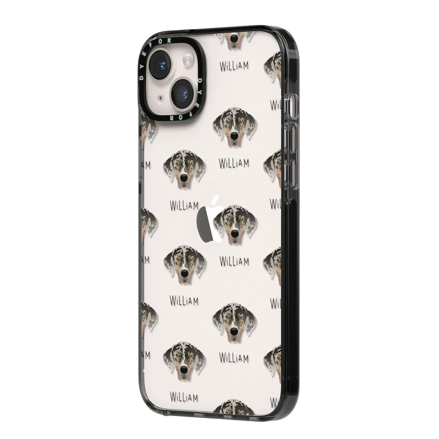 American Leopard Hound Icon with Name iPhone 14 Plus Black Impact Case Side Angle on Silver phone