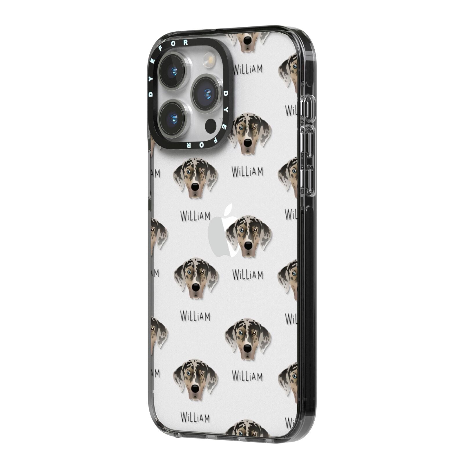American Leopard Hound Icon with Name iPhone 14 Pro Max Black Impact Case Side Angle on Silver phone