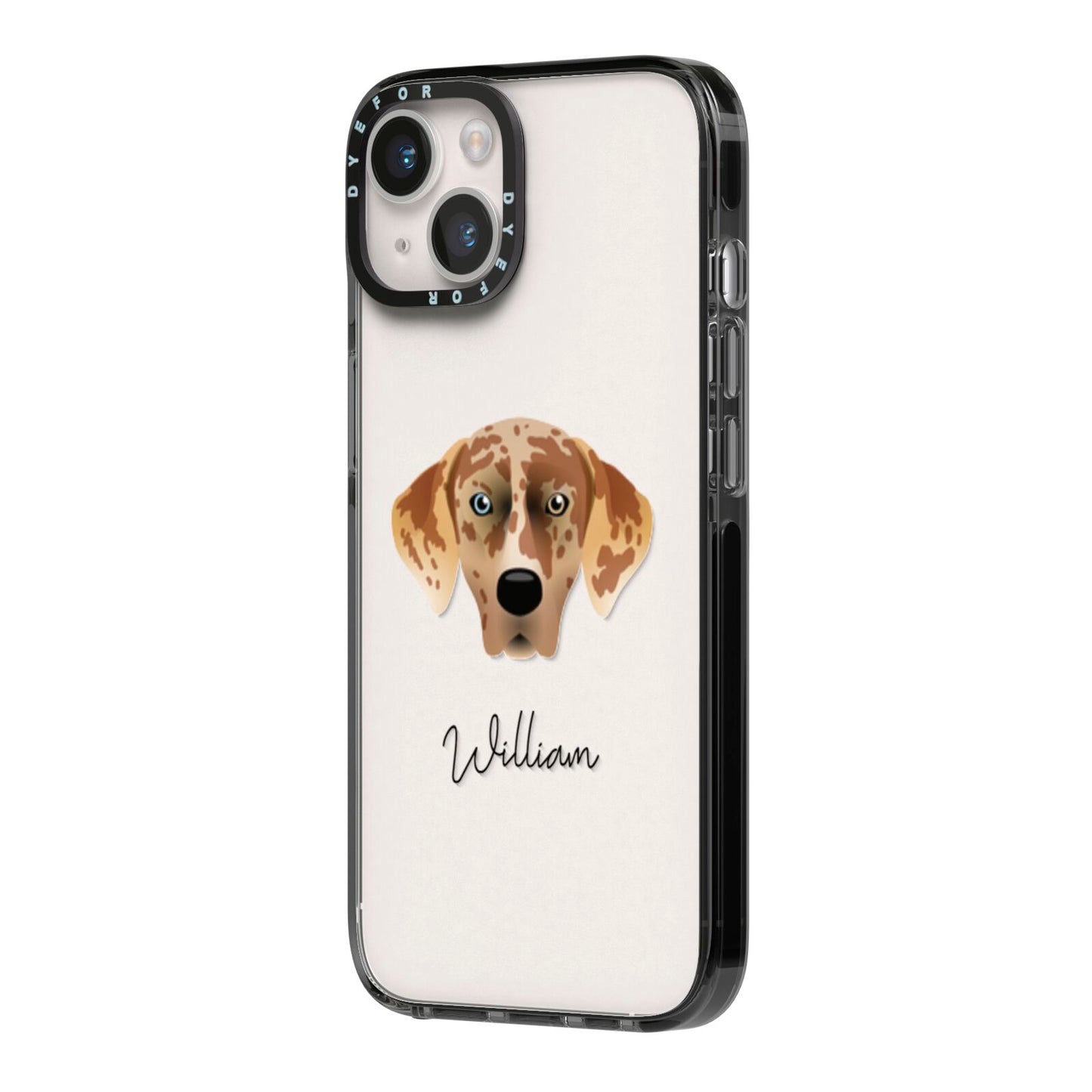 American Leopard Hound Personalised iPhone 14 Black Impact Case Side Angle on Silver phone