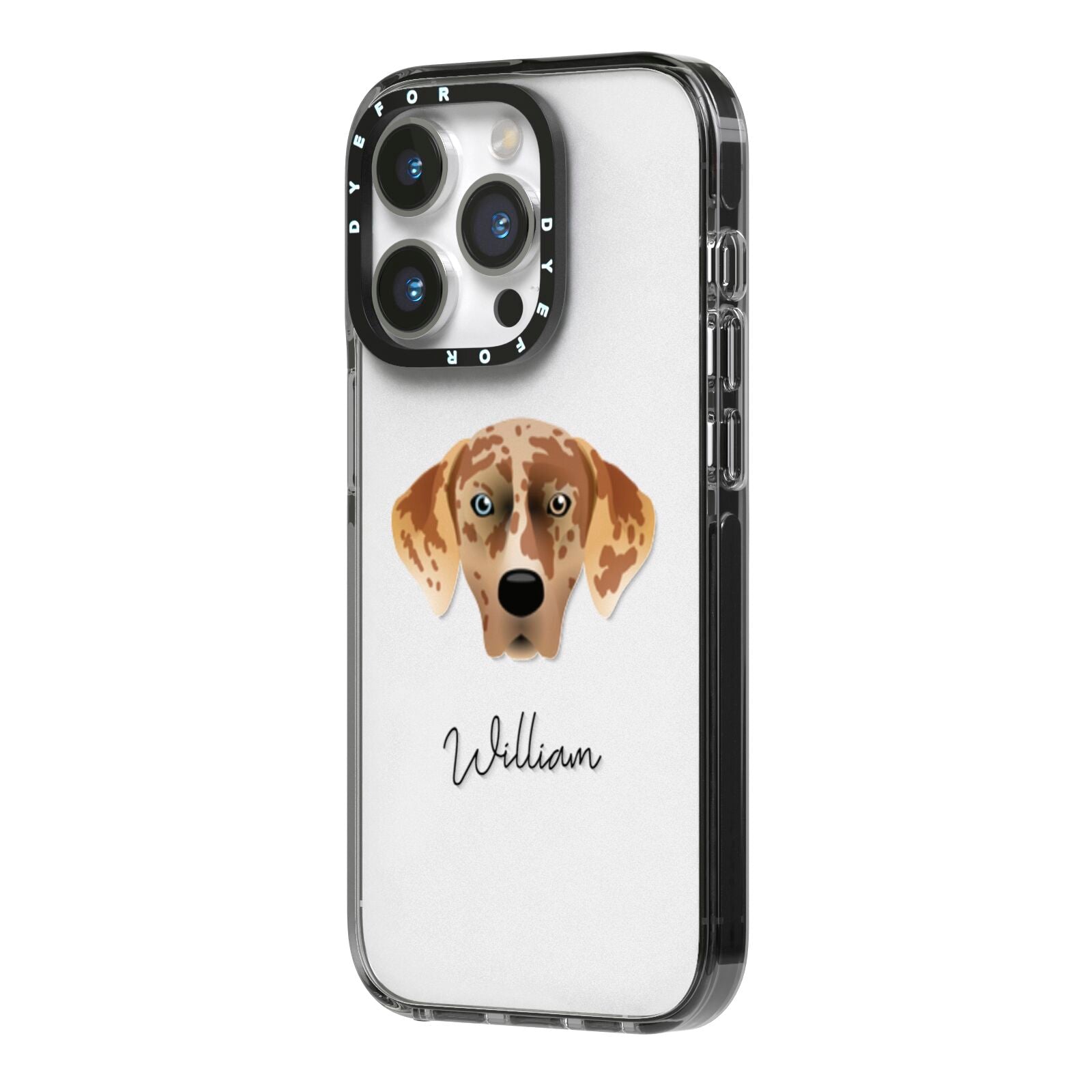 American Leopard Hound Personalised iPhone 14 Pro Black Impact Case Side Angle on Silver phone