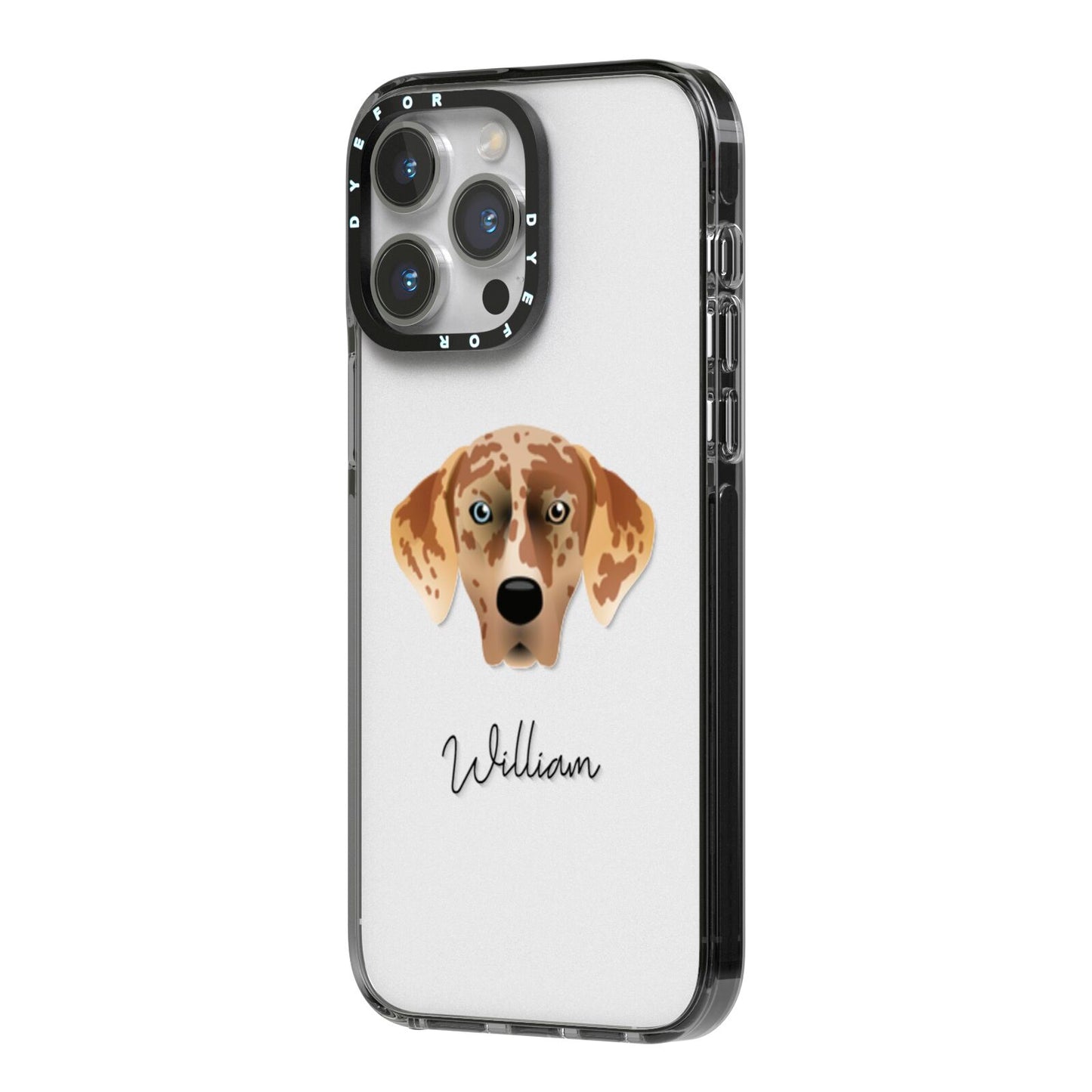 American Leopard Hound Personalised iPhone 14 Pro Max Black Impact Case Side Angle on Silver phone