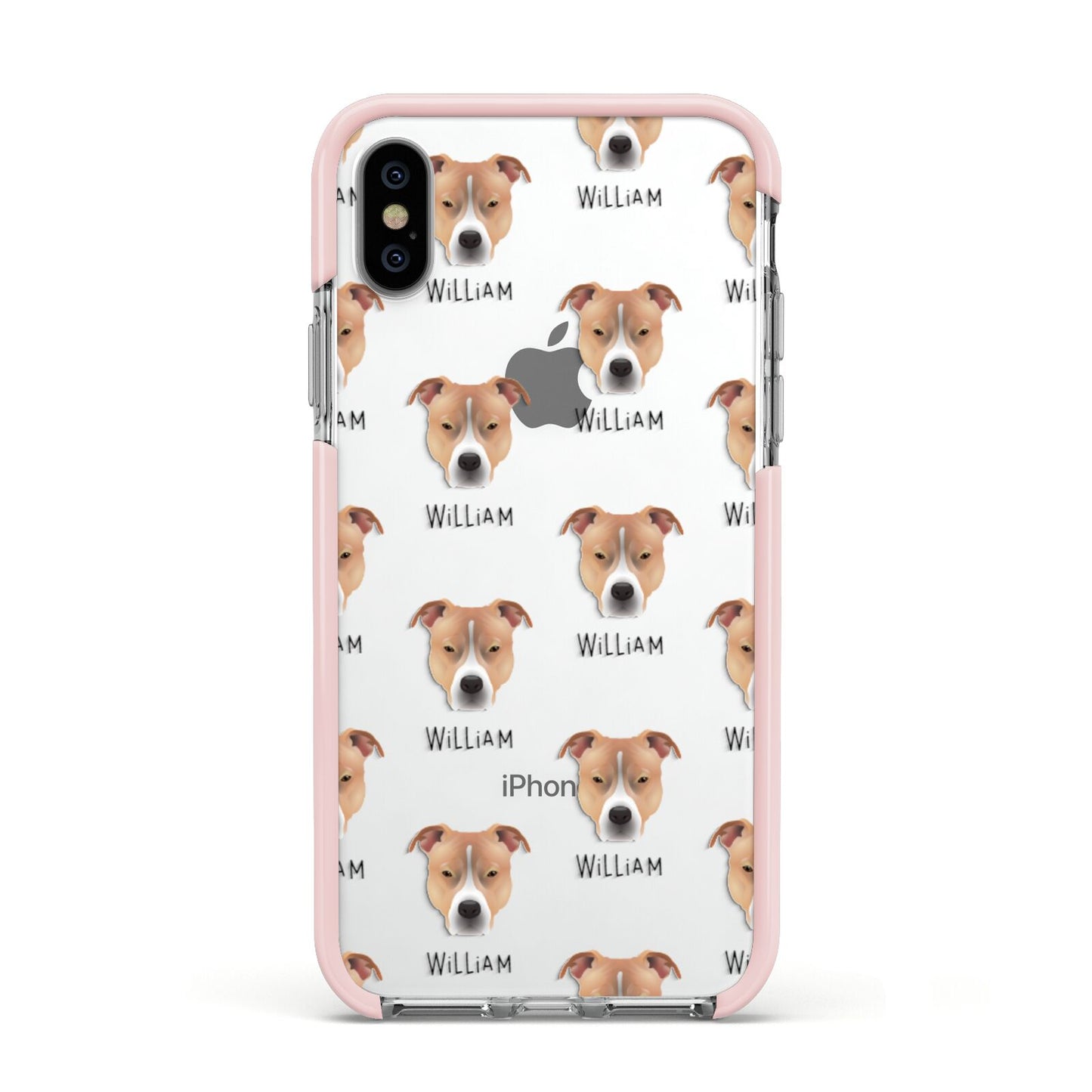 American Pit Bull Terrier Icon with Name Apple iPhone Xs Impact Case Pink Edge on Silver Phone