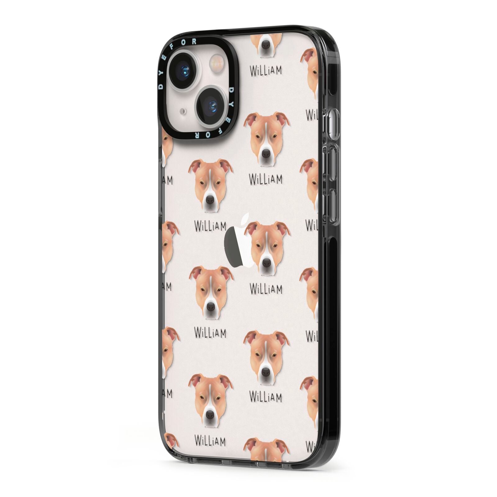 American Pit Bull Terrier Icon with Name iPhone 13 Black Impact Case Side Angle on Silver phone
