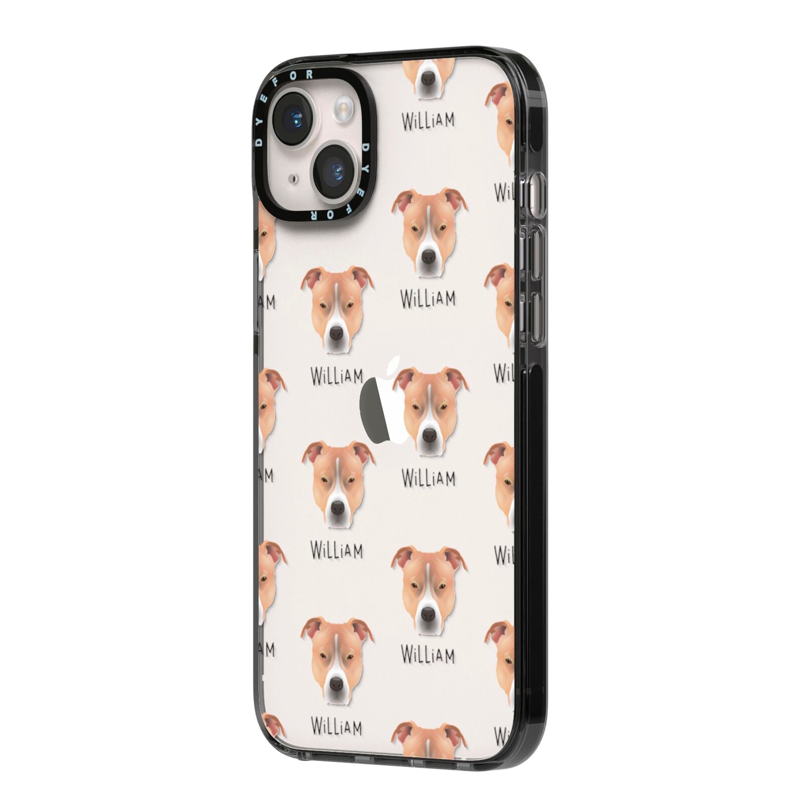 American Pit Bull Terrier Icon with Name iPhone 14 Plus Black Impact Case Side Angle on Silver phone