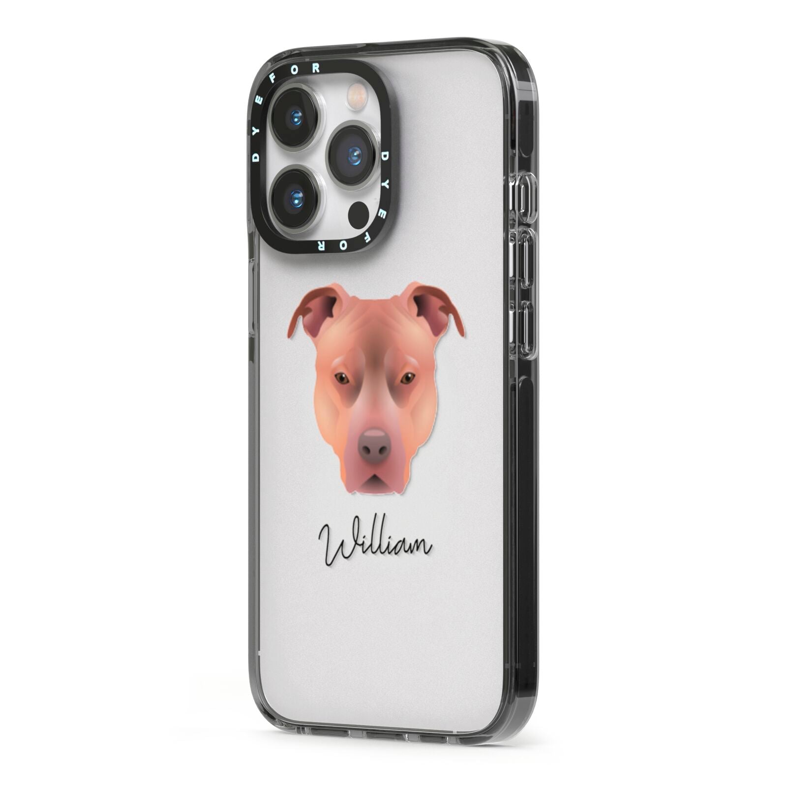American Pit Bull Terrier Personalised iPhone 13 Pro Black Impact Case Side Angle on Silver phone