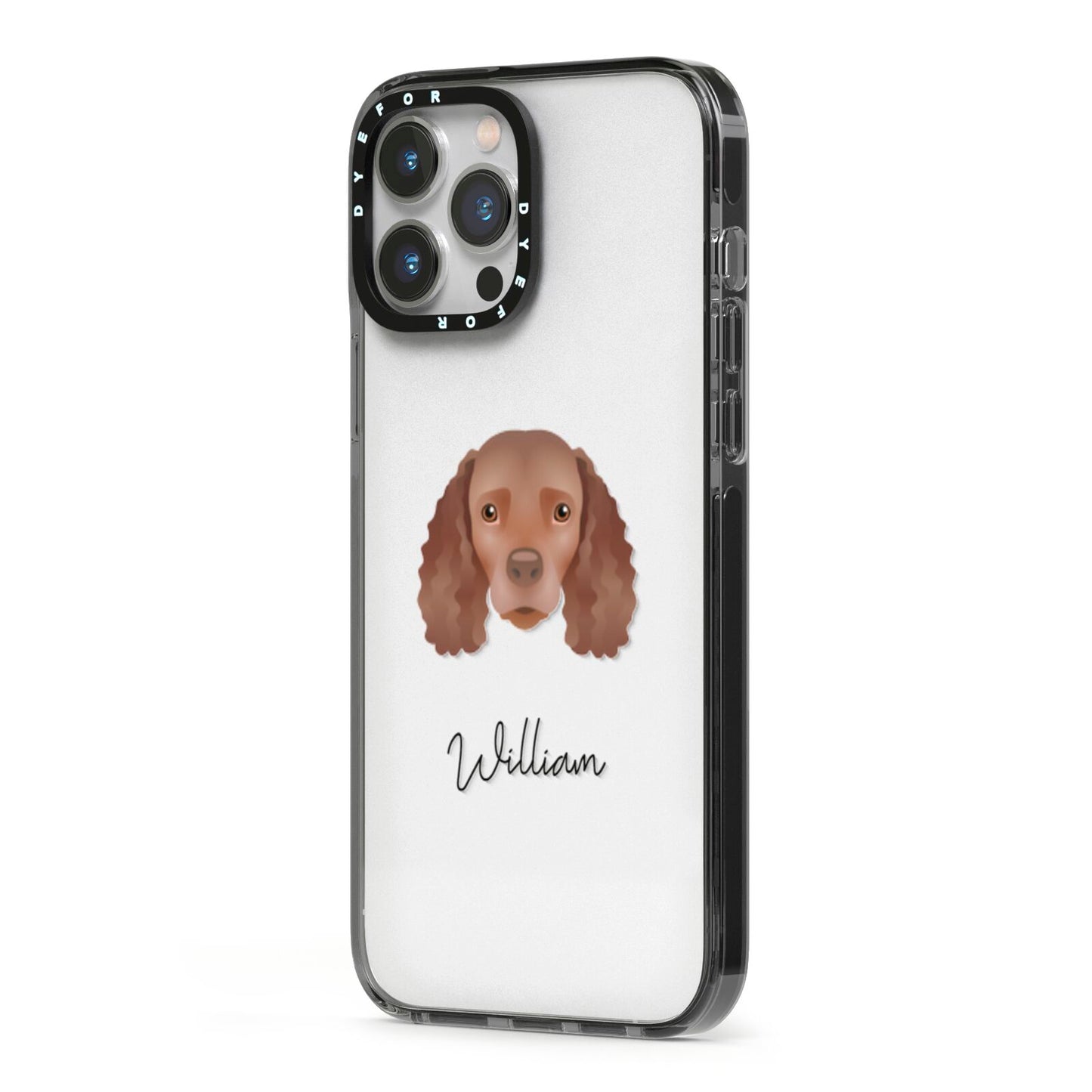 American Water Spaniel Personalised iPhone 13 Pro Max Black Impact Case Side Angle on Silver phone