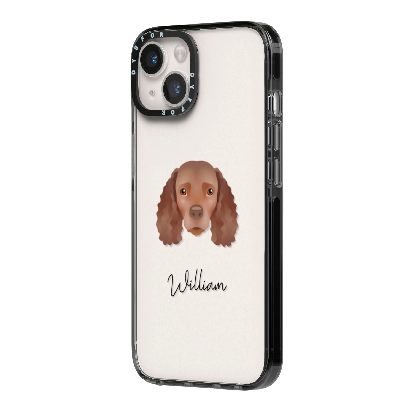 American Water Spaniel Personalised iPhone 14 Black Impact Case Side Angle on Silver phone