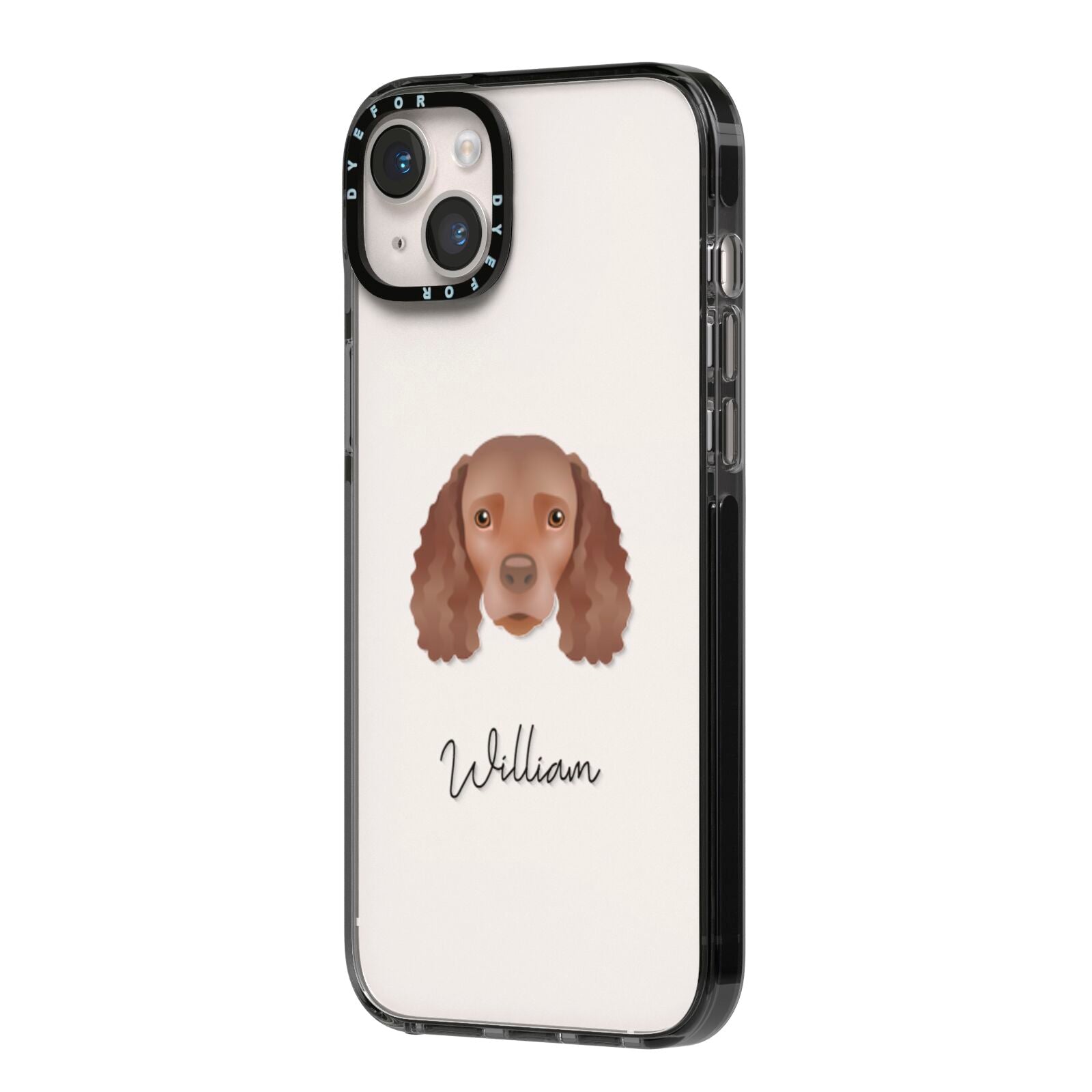 American Water Spaniel Personalised iPhone 14 Plus Black Impact Case Side Angle on Silver phone