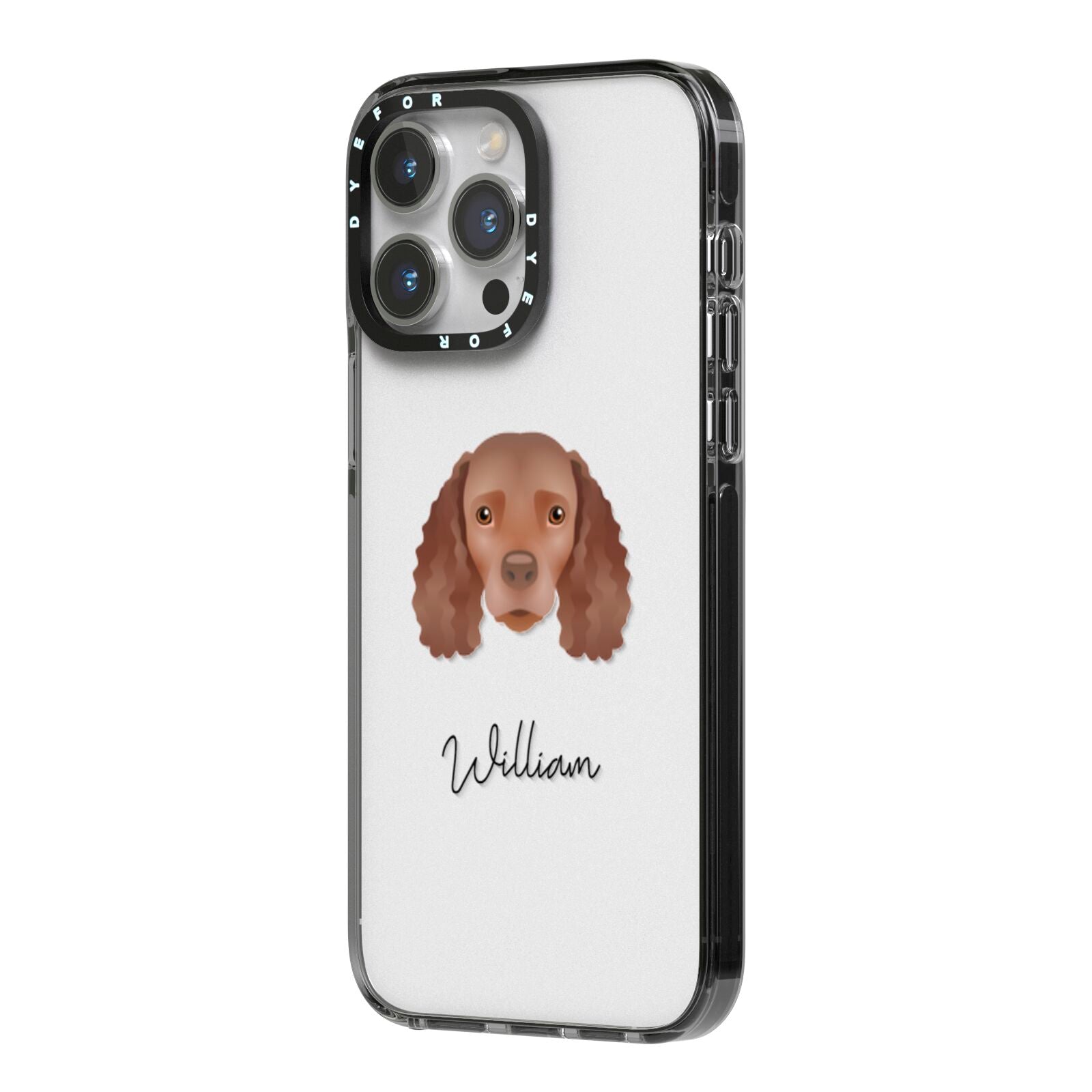 American Water Spaniel Personalised iPhone 14 Pro Max Black Impact Case Side Angle on Silver phone