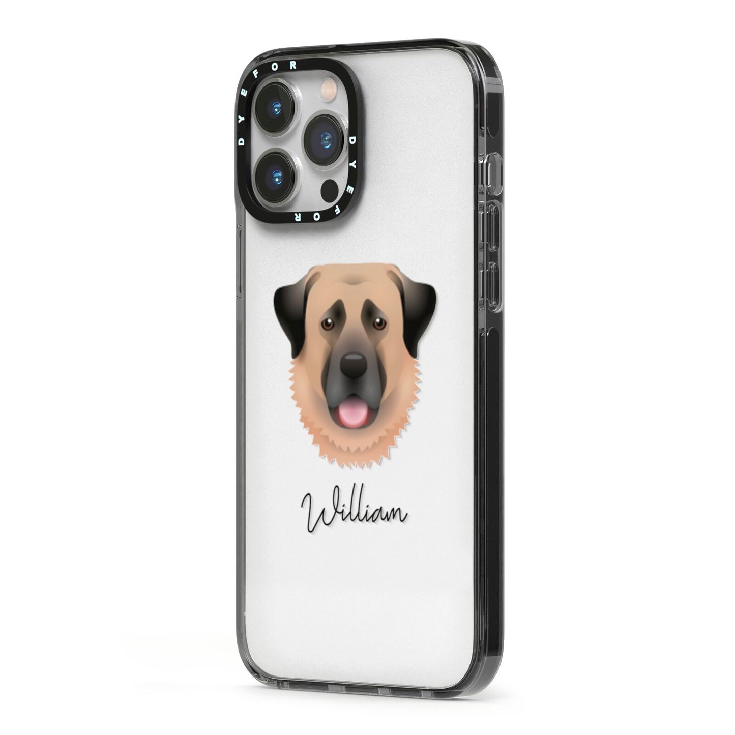 Anatolian Shepherd Dog Personalised iPhone 13 Pro Max Black Impact Case Side Angle on Silver phone