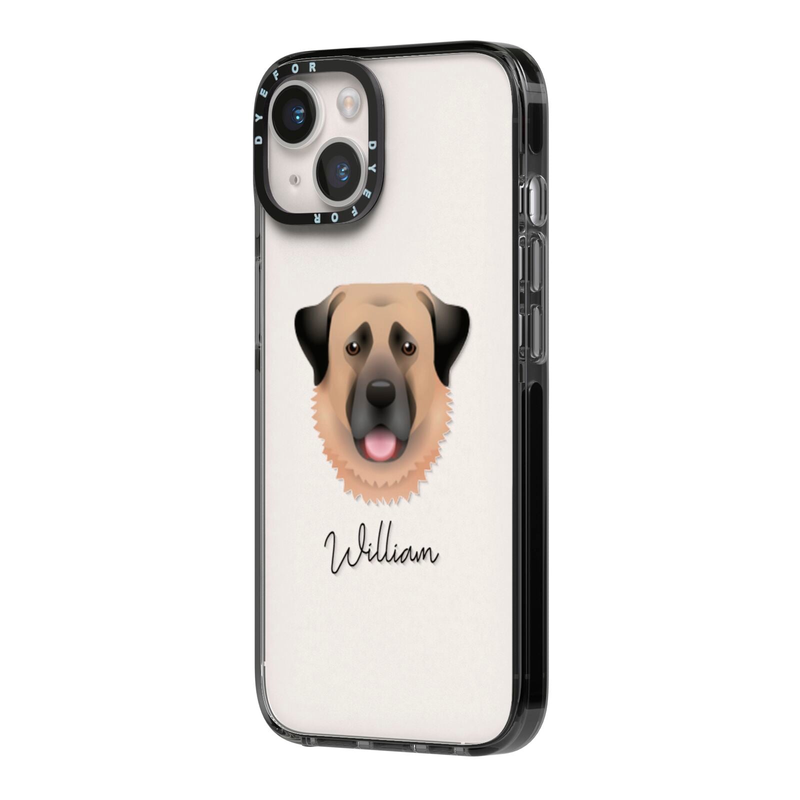 Anatolian Shepherd Dog Personalised iPhone 14 Black Impact Case Side Angle on Silver phone