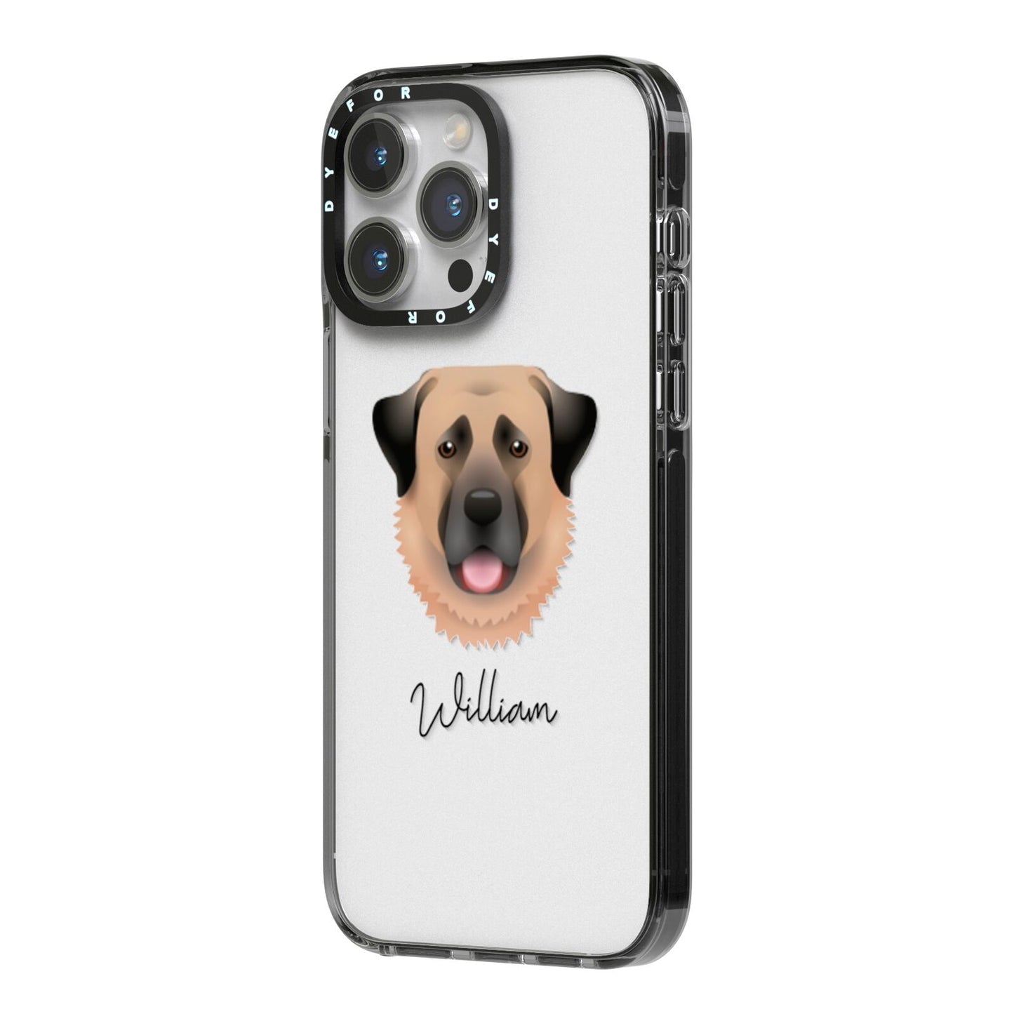 Anatolian Shepherd Dog Personalised iPhone 14 Pro Max Black Impact Case Side Angle on Silver phone