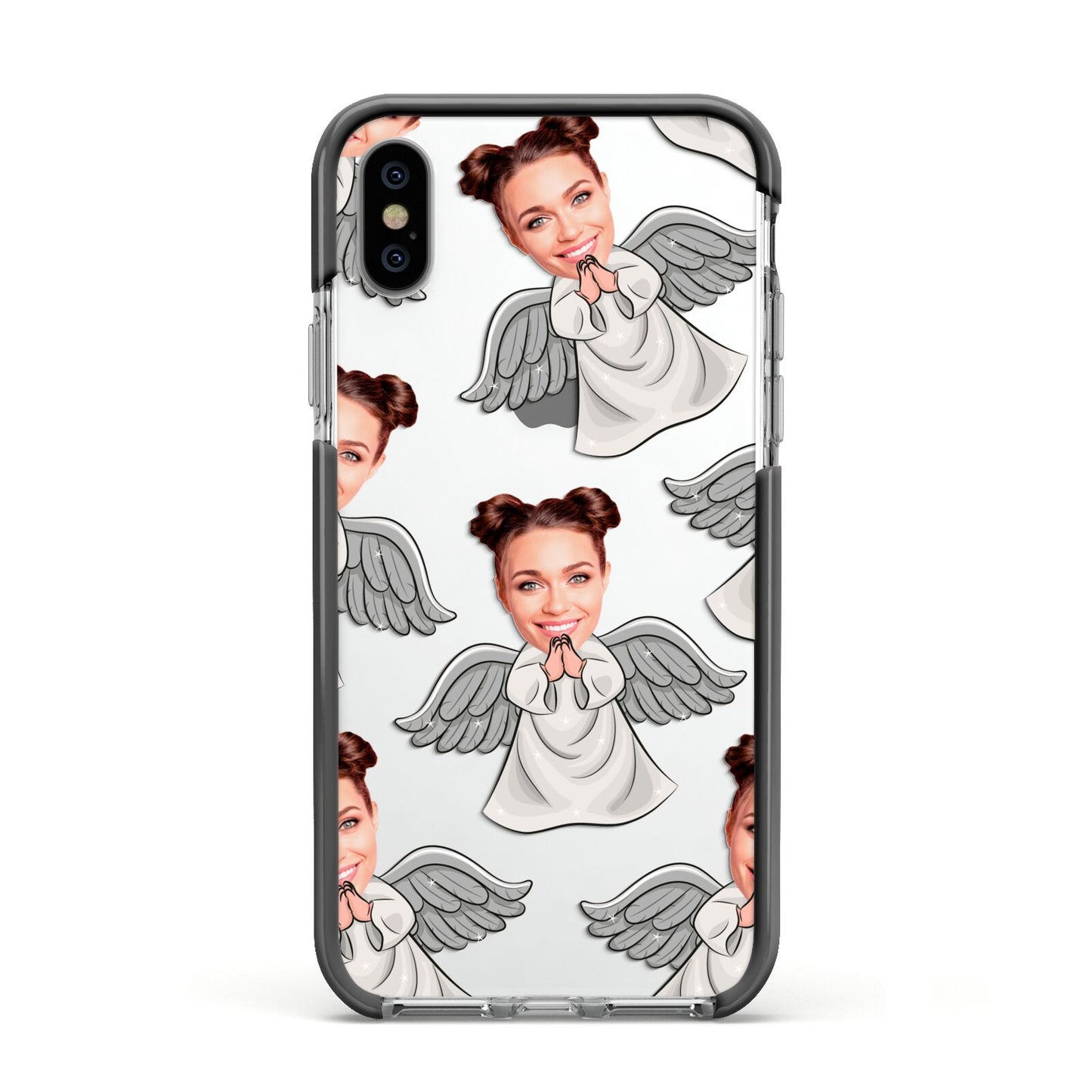 Angel Photo Face Apple iPhone Xs Impact Case Black Edge on Silver Phone