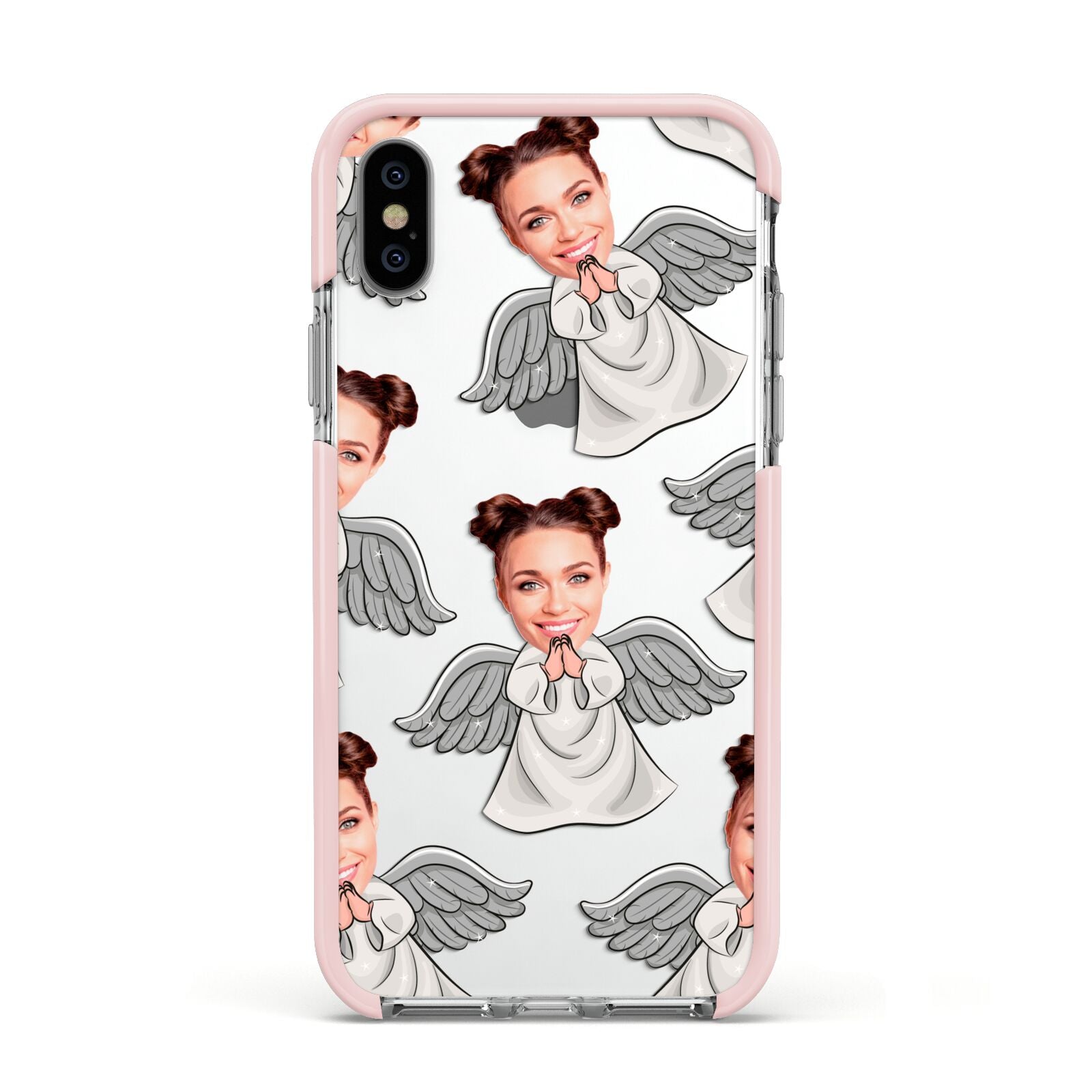 Angel Photo Face Apple iPhone Xs Impact Case Pink Edge on Silver Phone