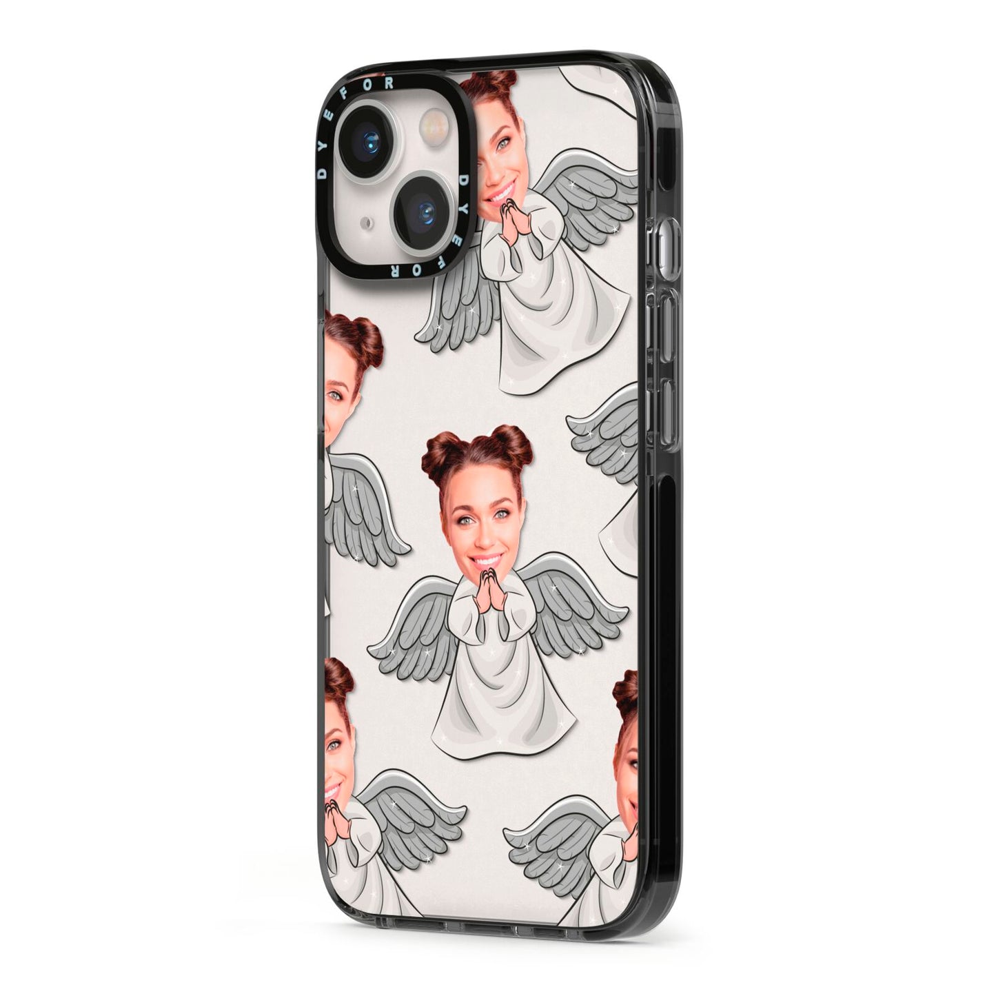Angel Photo Face iPhone 13 Black Impact Case Side Angle on Silver phone