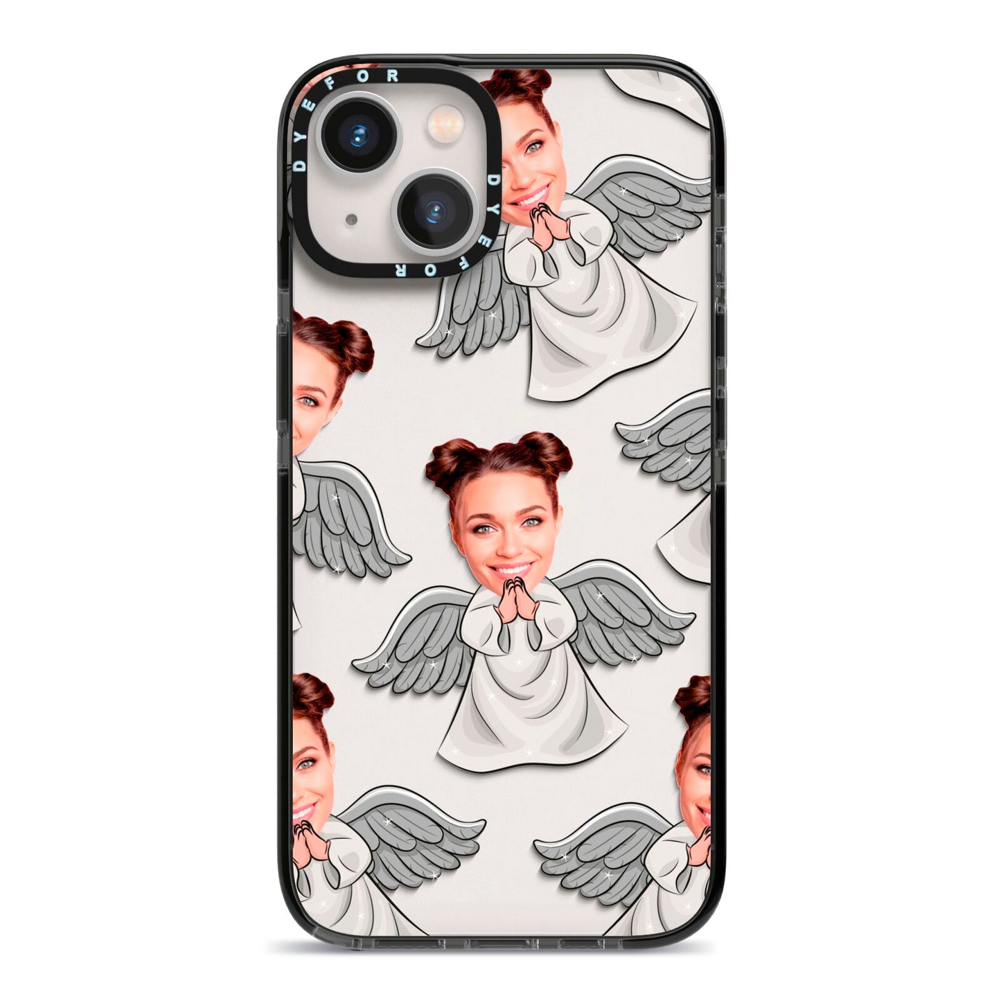 Angel Photo Face iPhone 13 Black Impact Case on Silver phone