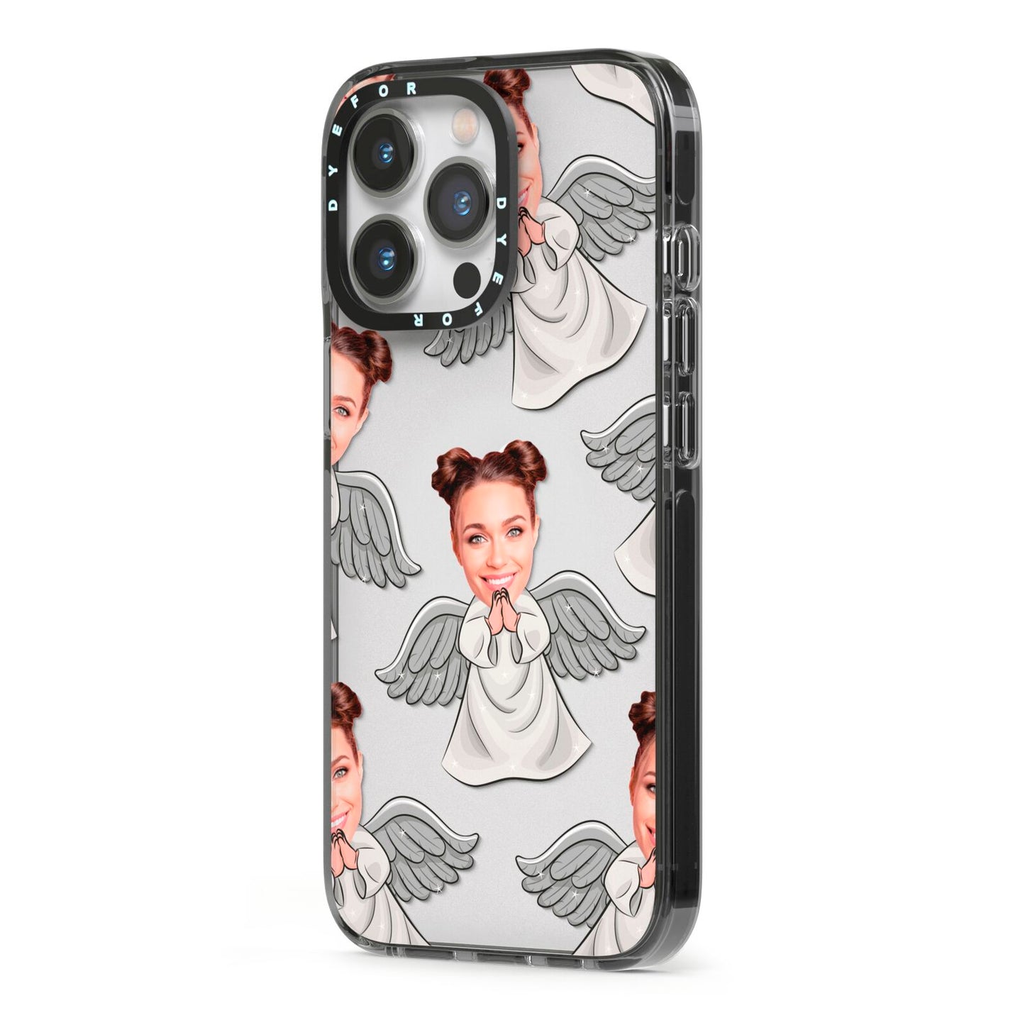Angel Photo Face iPhone 13 Pro Black Impact Case Side Angle on Silver phone