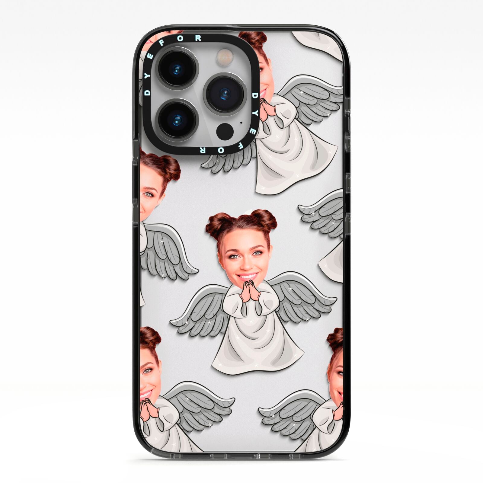 Angel Photo Face iPhone 13 Pro Black Impact Case on Silver phone