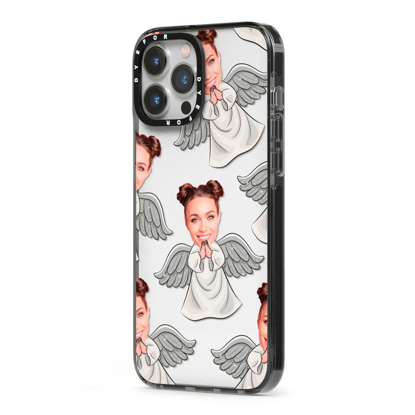 Angel Photo Face iPhone 13 Pro Max Black Impact Case Side Angle on Silver phone