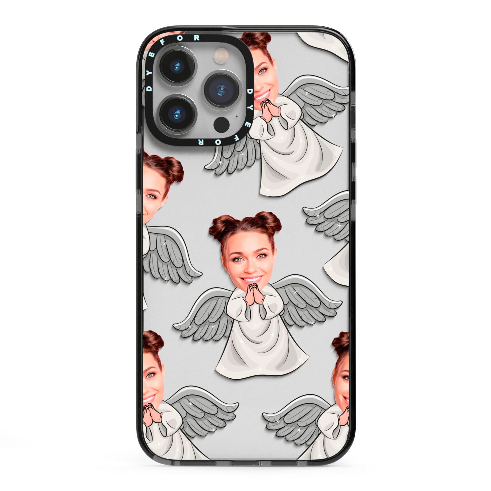 Angel Photo Face iPhone 13 Pro Max Black Impact Case on Silver phone