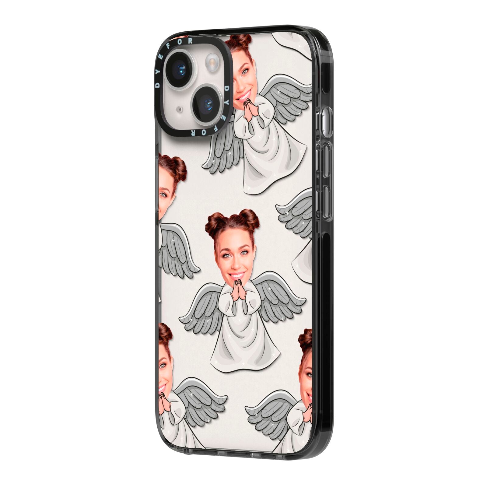 Angel Photo Face iPhone 14 Black Impact Case Side Angle on Silver phone