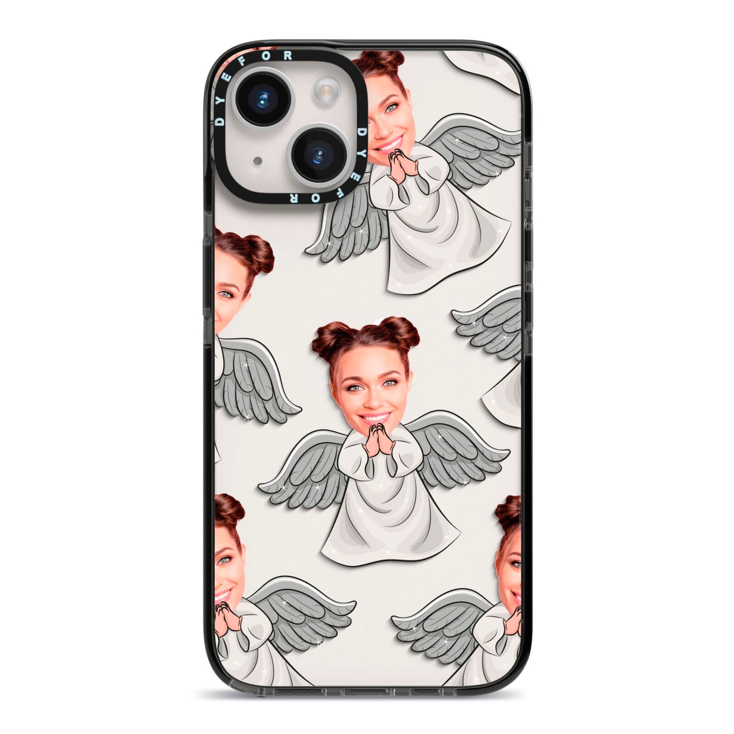 Angel Photo Face iPhone 14 Black Impact Case on Silver phone